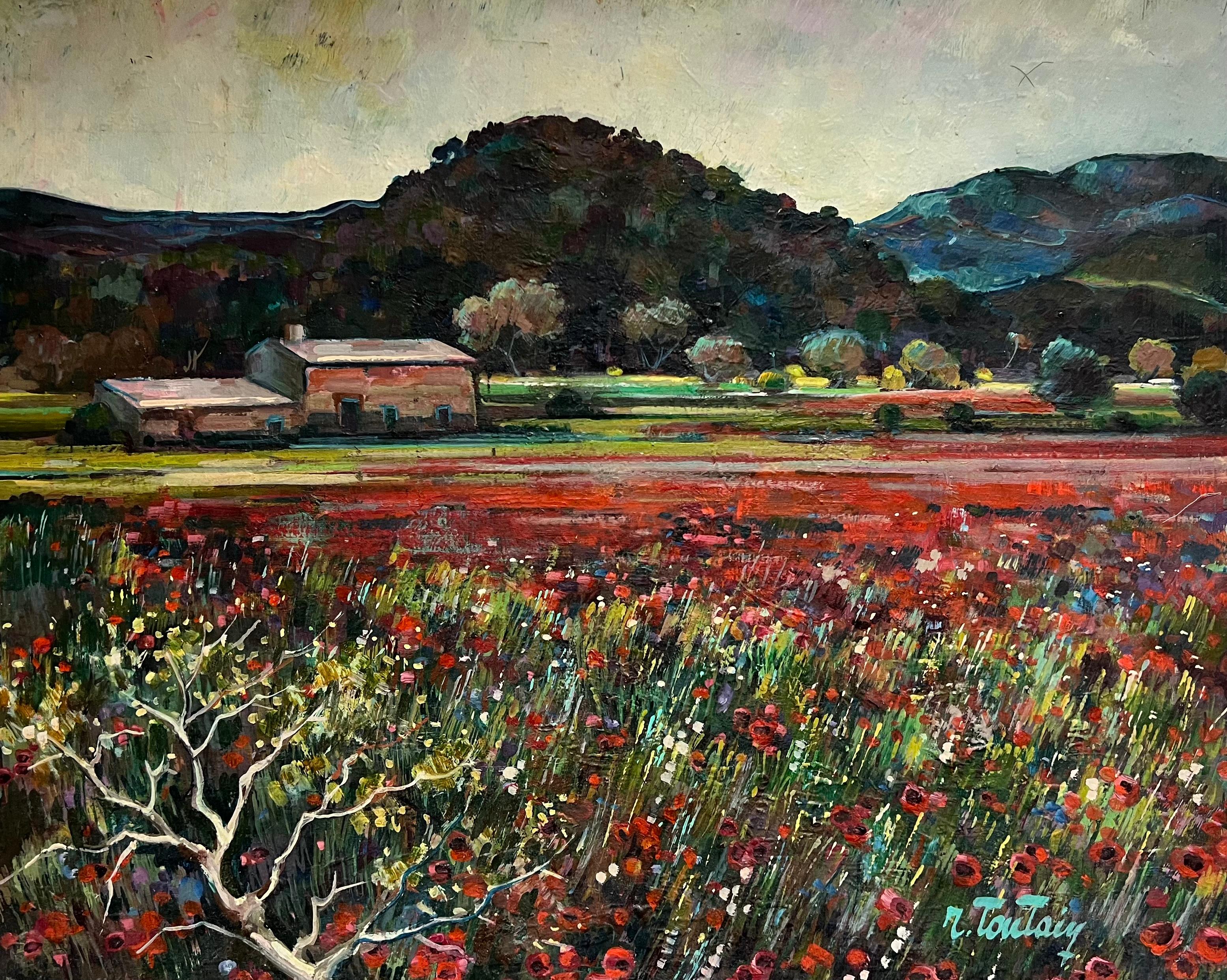 Landscape Painting de Max Toutain - Gran óleo francés de los años 50 Paisaje de campos de amapolas en Provenza