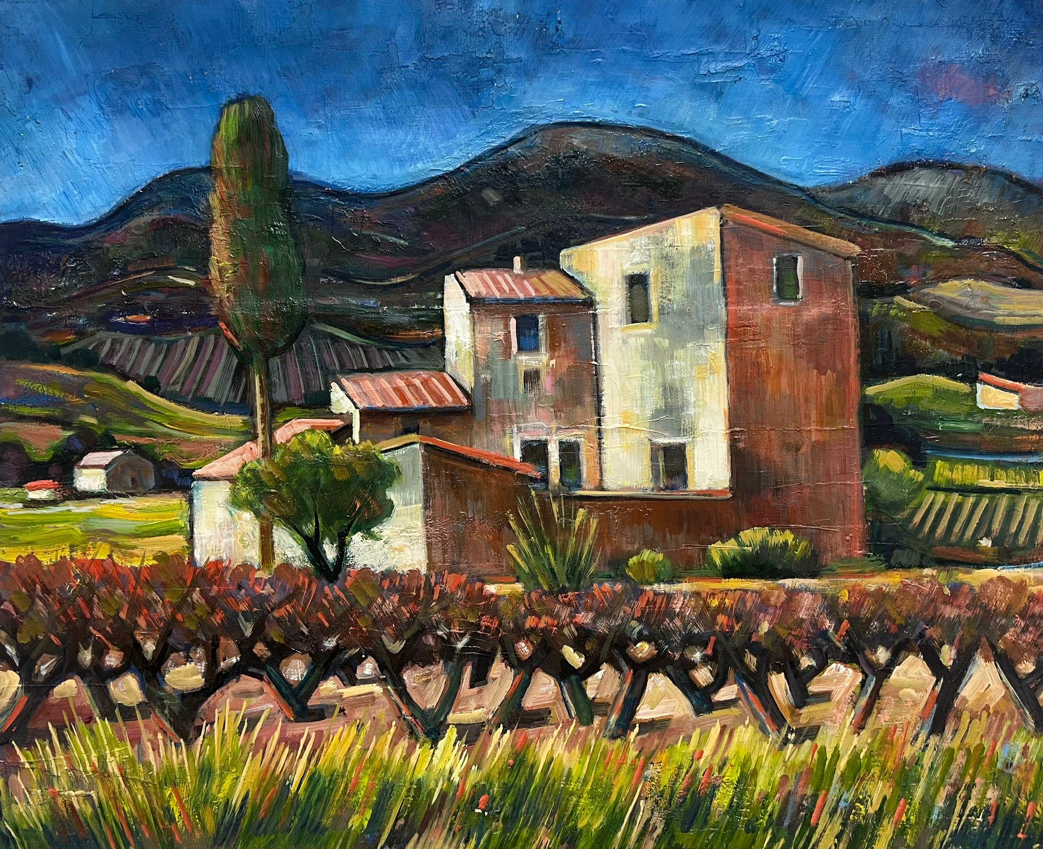 Landscape Painting de Max Toutain - Siglo XX Óleo Modernista Francés Provenza Viñedo Antigua Casa Mas