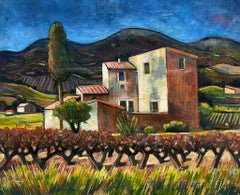 20th Century French Modernist Oil Provence Vineyard Old Mas House