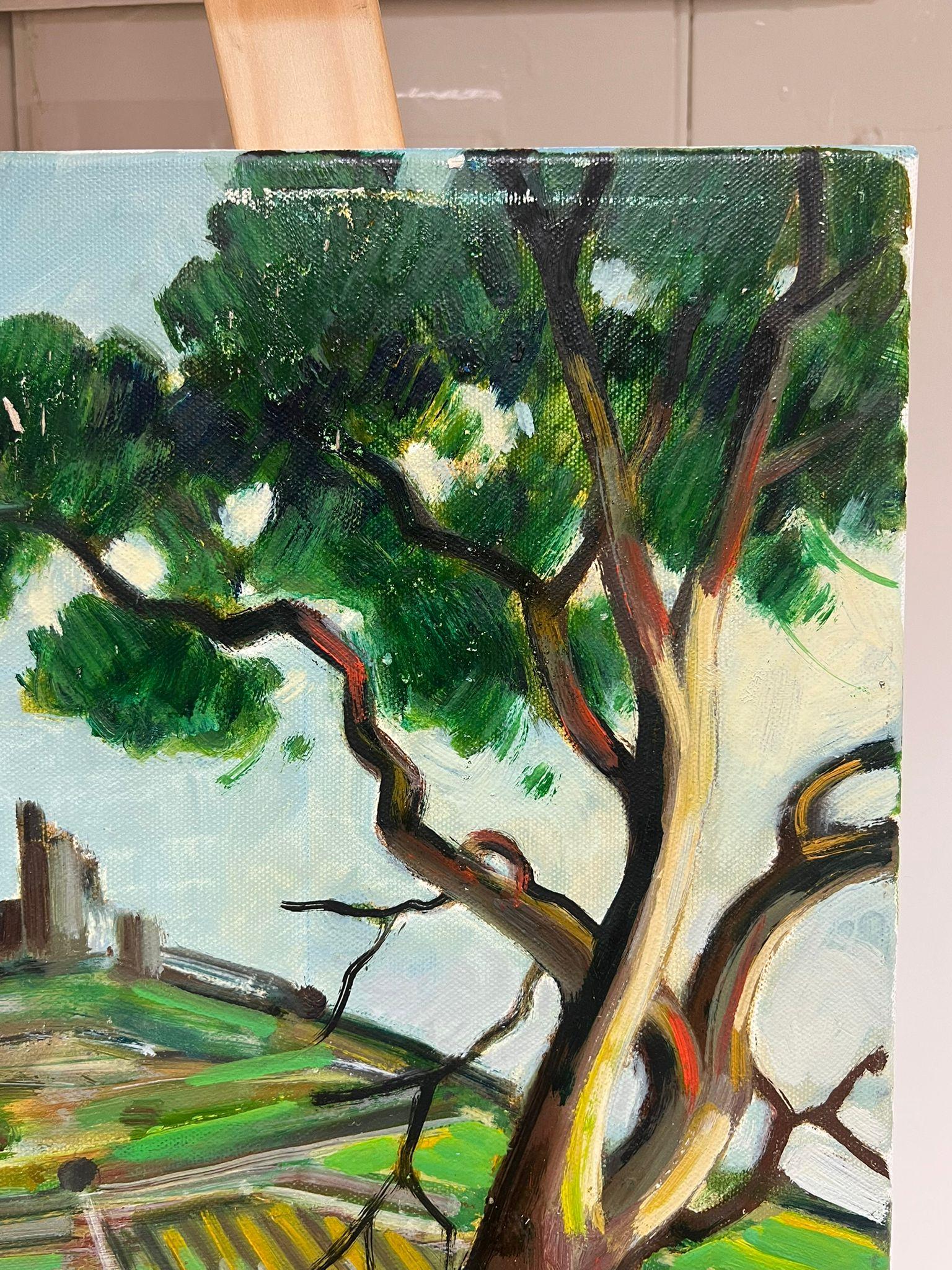 20th Century French Modernist Provence Landscape Oil Painting Lush Green Fields For Sale 1