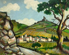 20th Century French Modernist Provence Landscape Oil Painting Lush Green Fields