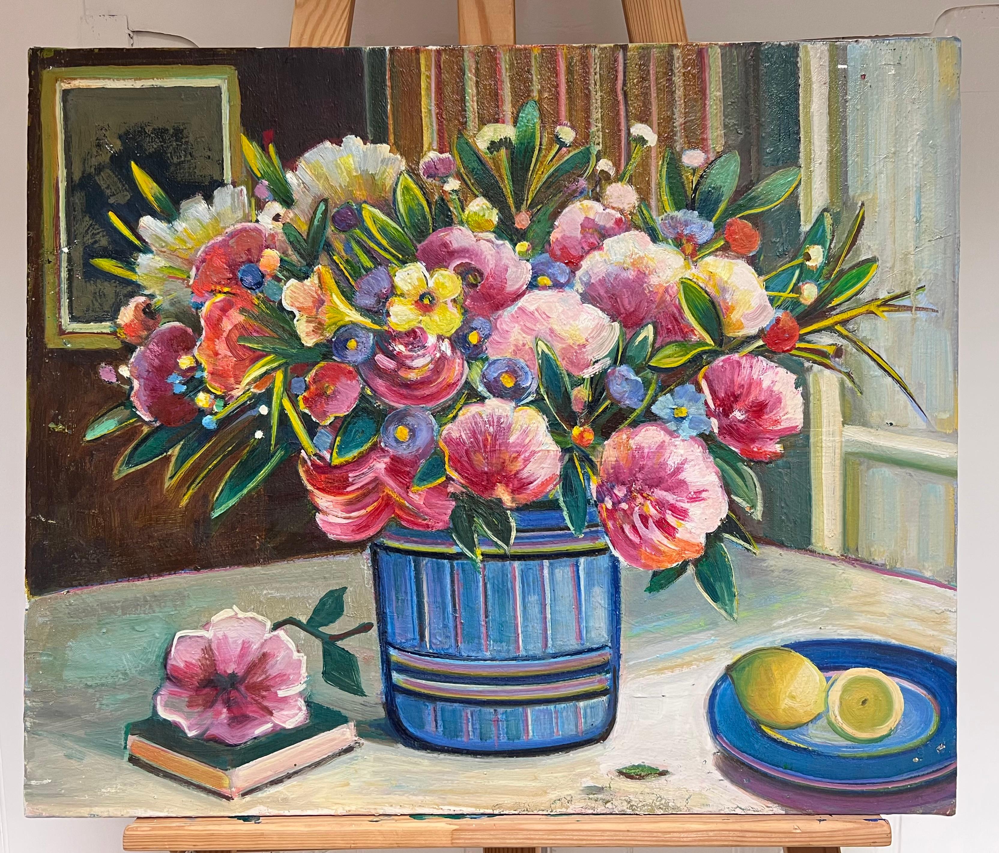 Siglo XX Pintura al Óleo Modernista Francesa Bodegón Flores Rosas Habitación Interior - Painting de Max Toutain