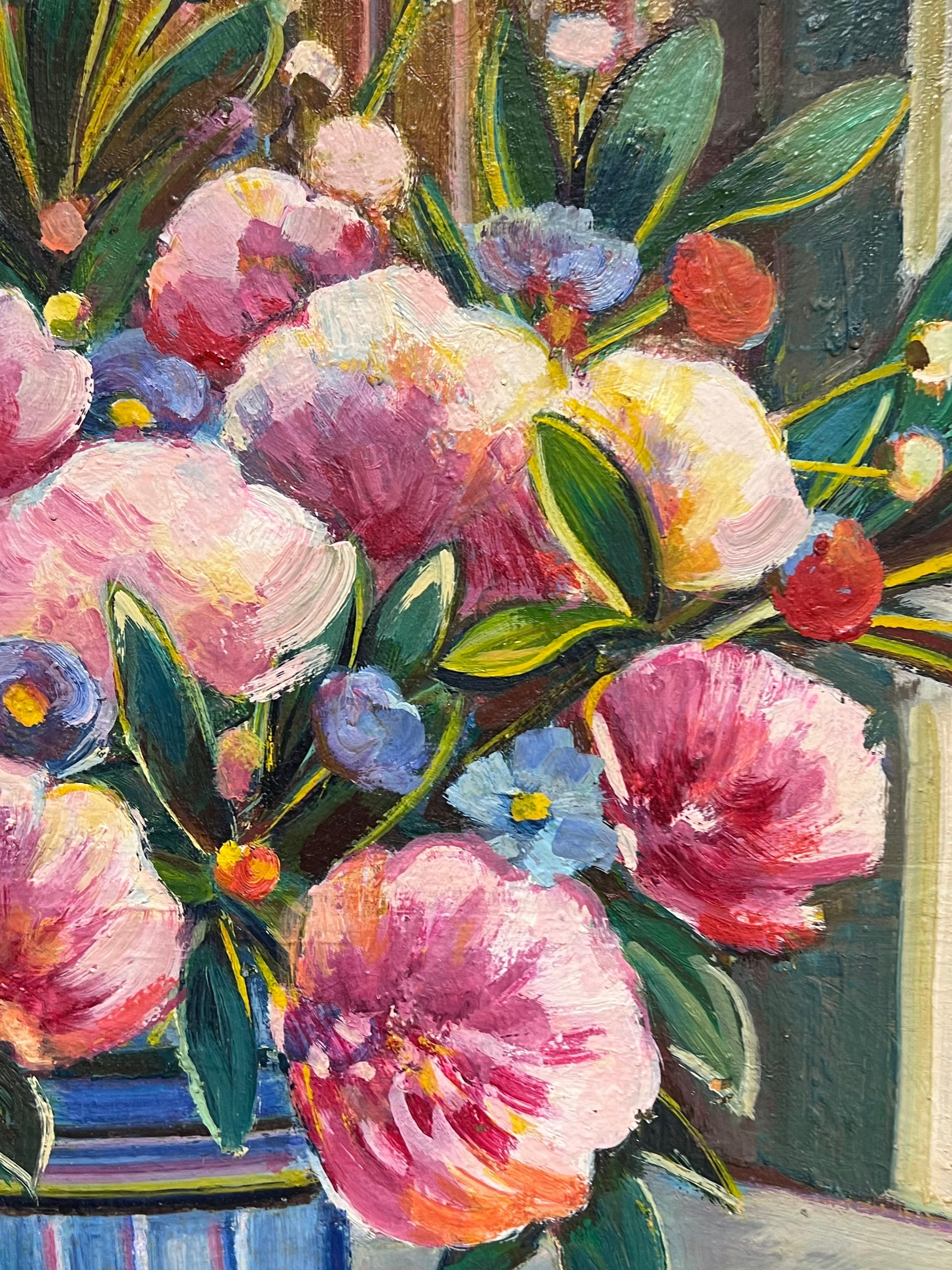 Siglo XX Pintura al Óleo Modernista Francesa Bodegón Flores Rosas Habitación Interior - Painting Posimpresionista de Max Toutain