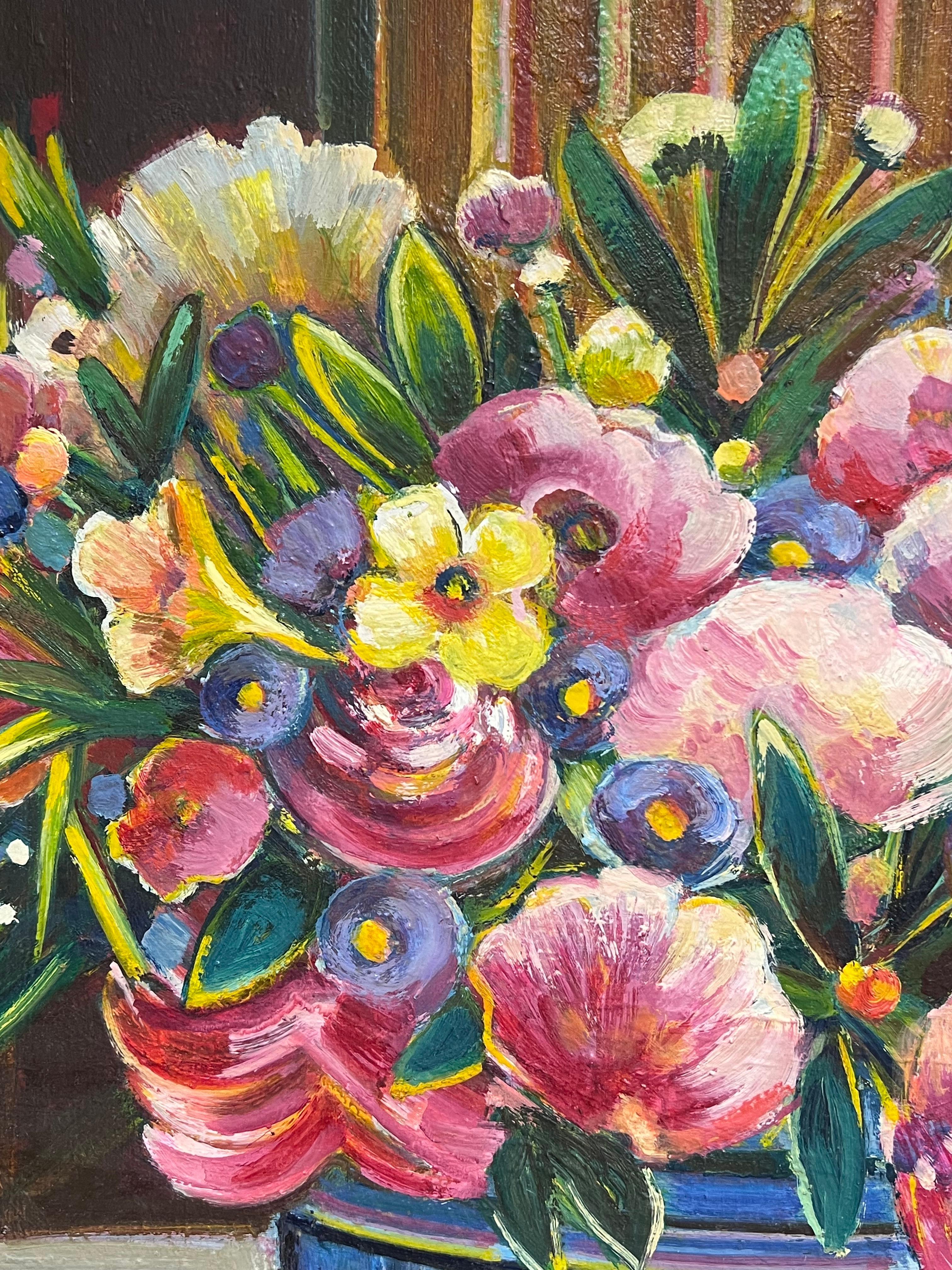 Siglo XX Pintura al Óleo Modernista Francesa Bodegón Flores Rosas Habitación Interior - Interior Painting Marrón de Max Toutain