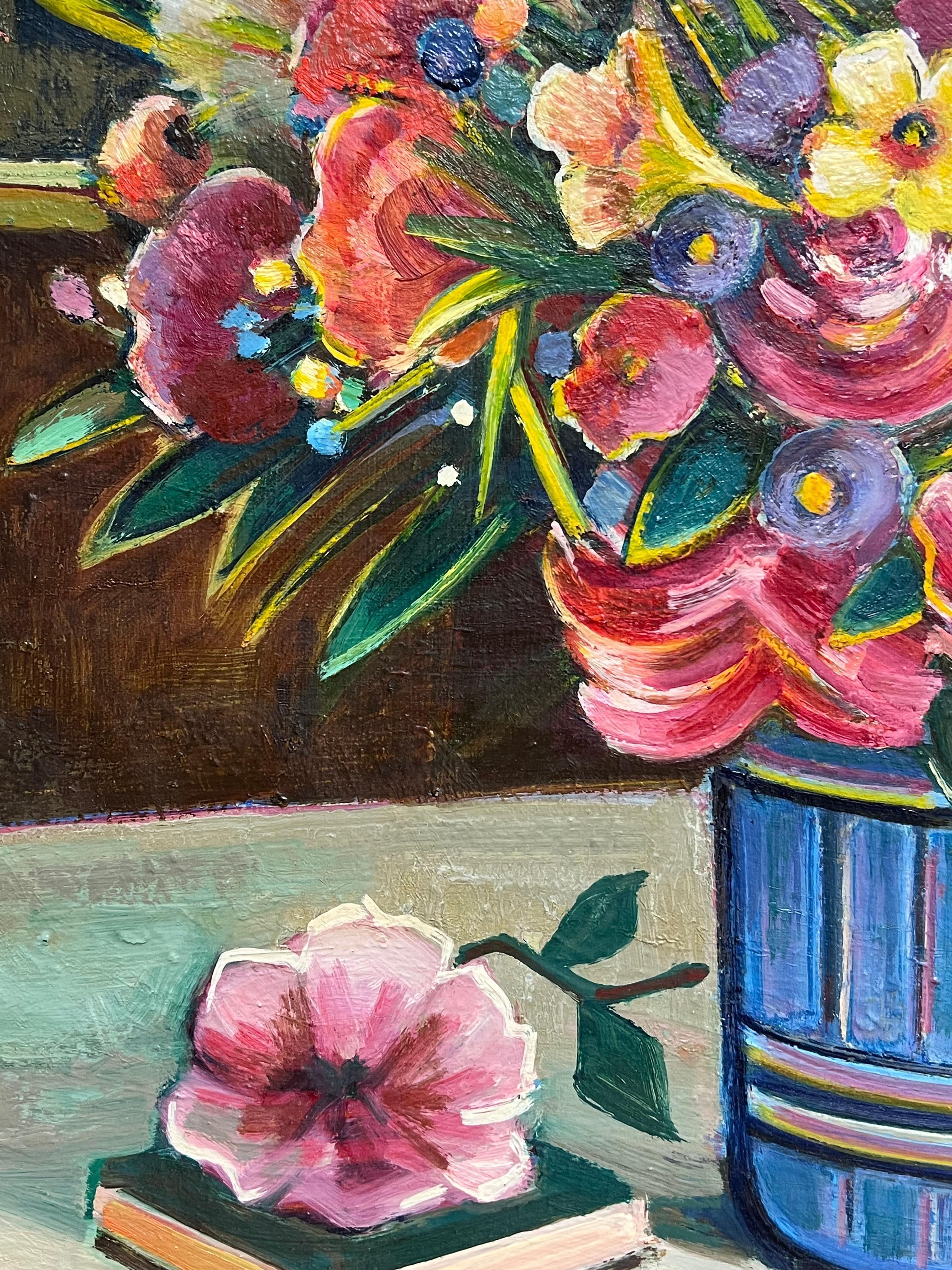 Siglo XX Pintura al Óleo Modernista Francesa Bodegón Flores Rosas Habitación Interior en venta 1