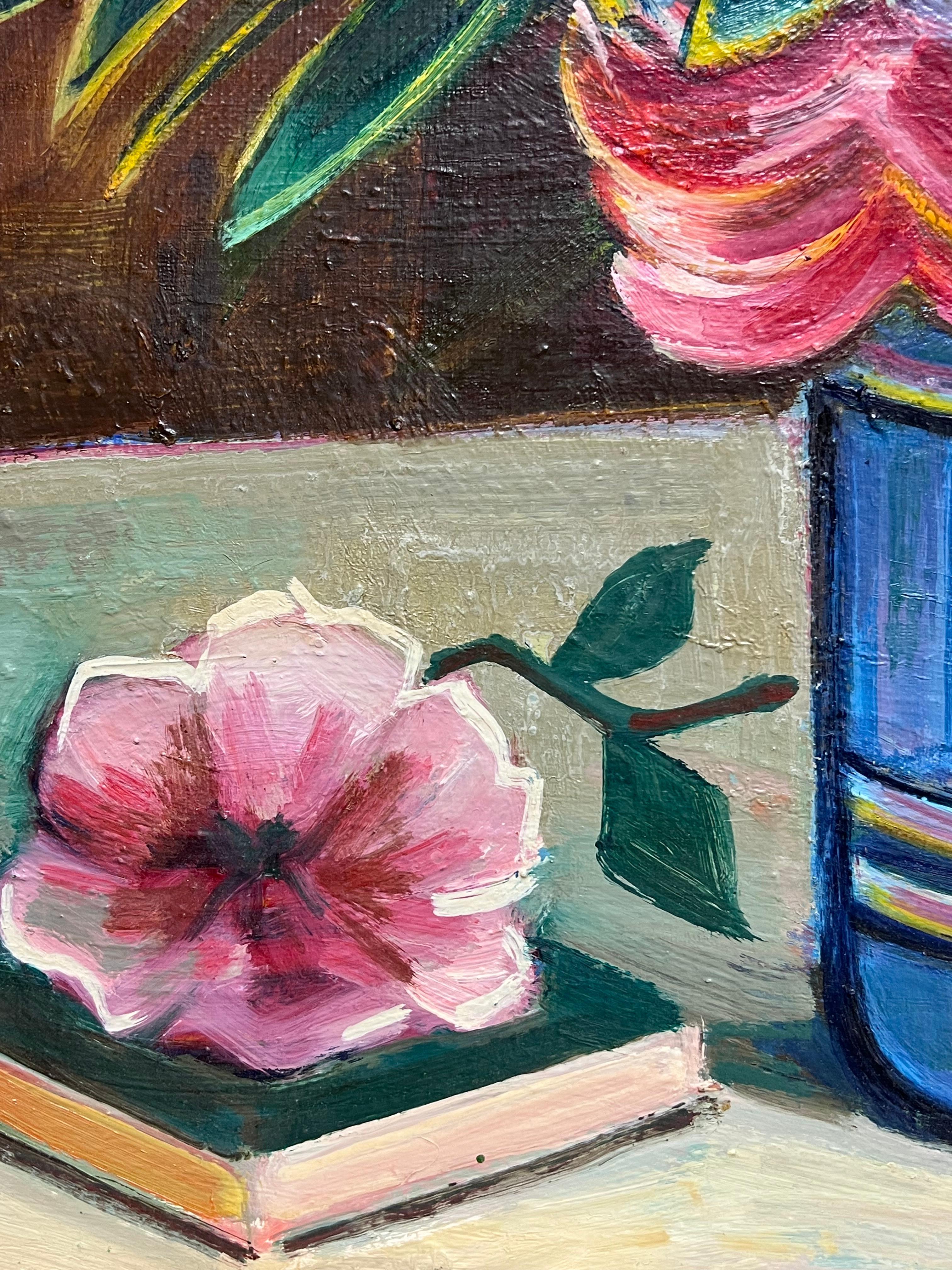 Siglo XX Pintura al Óleo Modernista Francesa Bodegón Flores Rosas Habitación Interior en venta 2