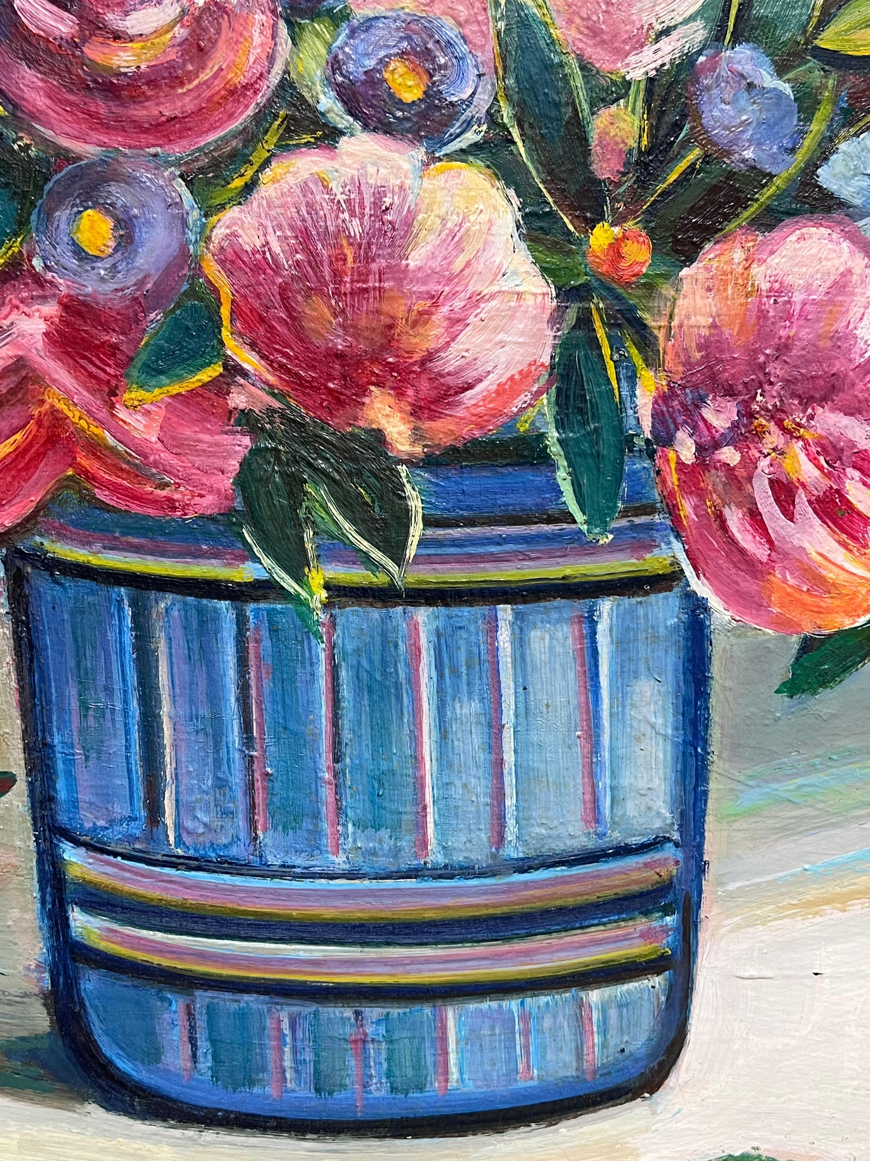 Siglo XX Pintura al Óleo Modernista Francesa Bodegón Flores Rosas Habitación Interior en venta 3