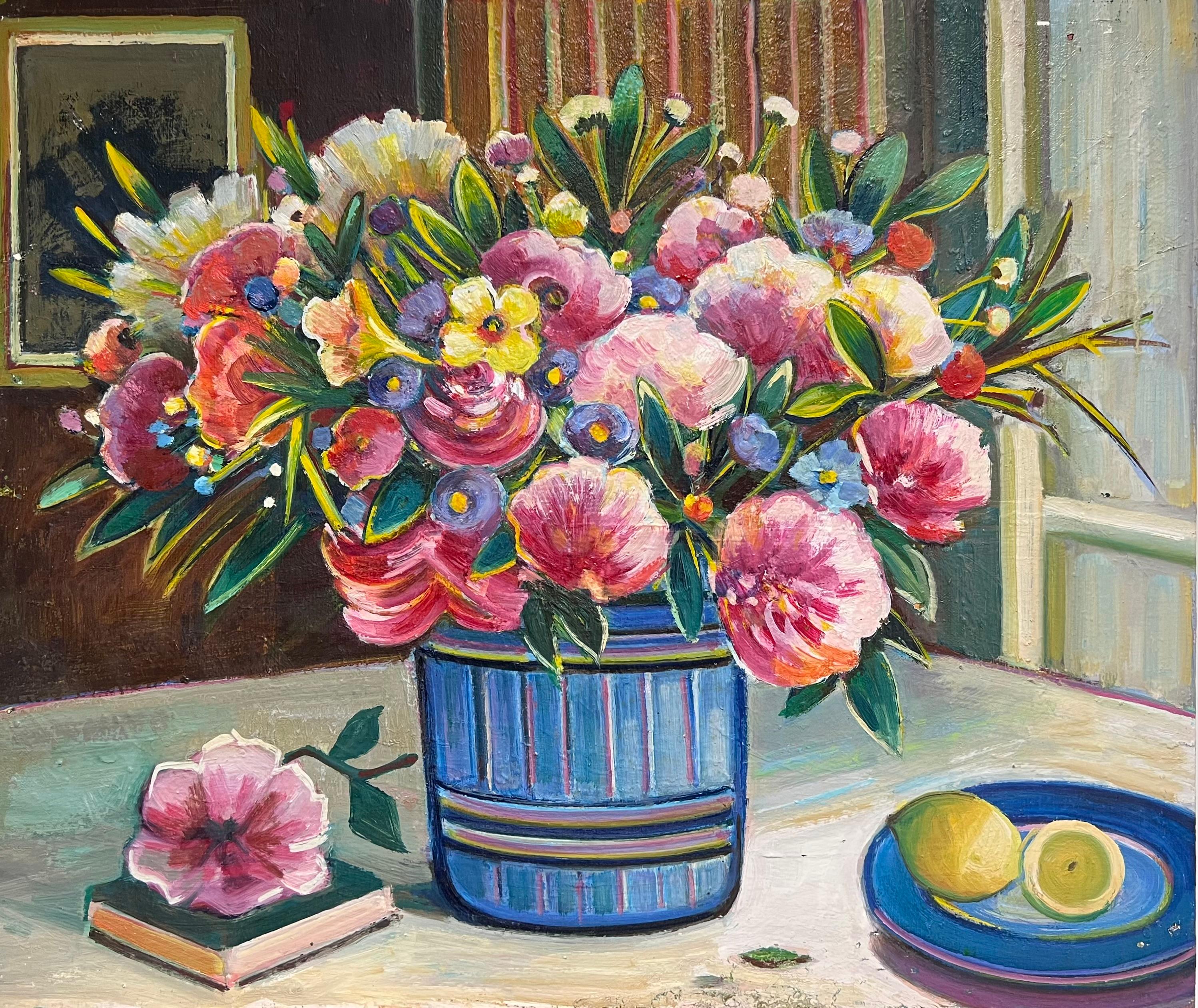 Interior Painting de Max Toutain - Siglo XX Pintura al Óleo Modernista Francesa Bodegón Flores Rosas Habitación Interior