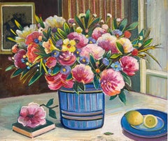 20th Century French Modernist Still Life Oil Painting Pink Flowers Interior Room