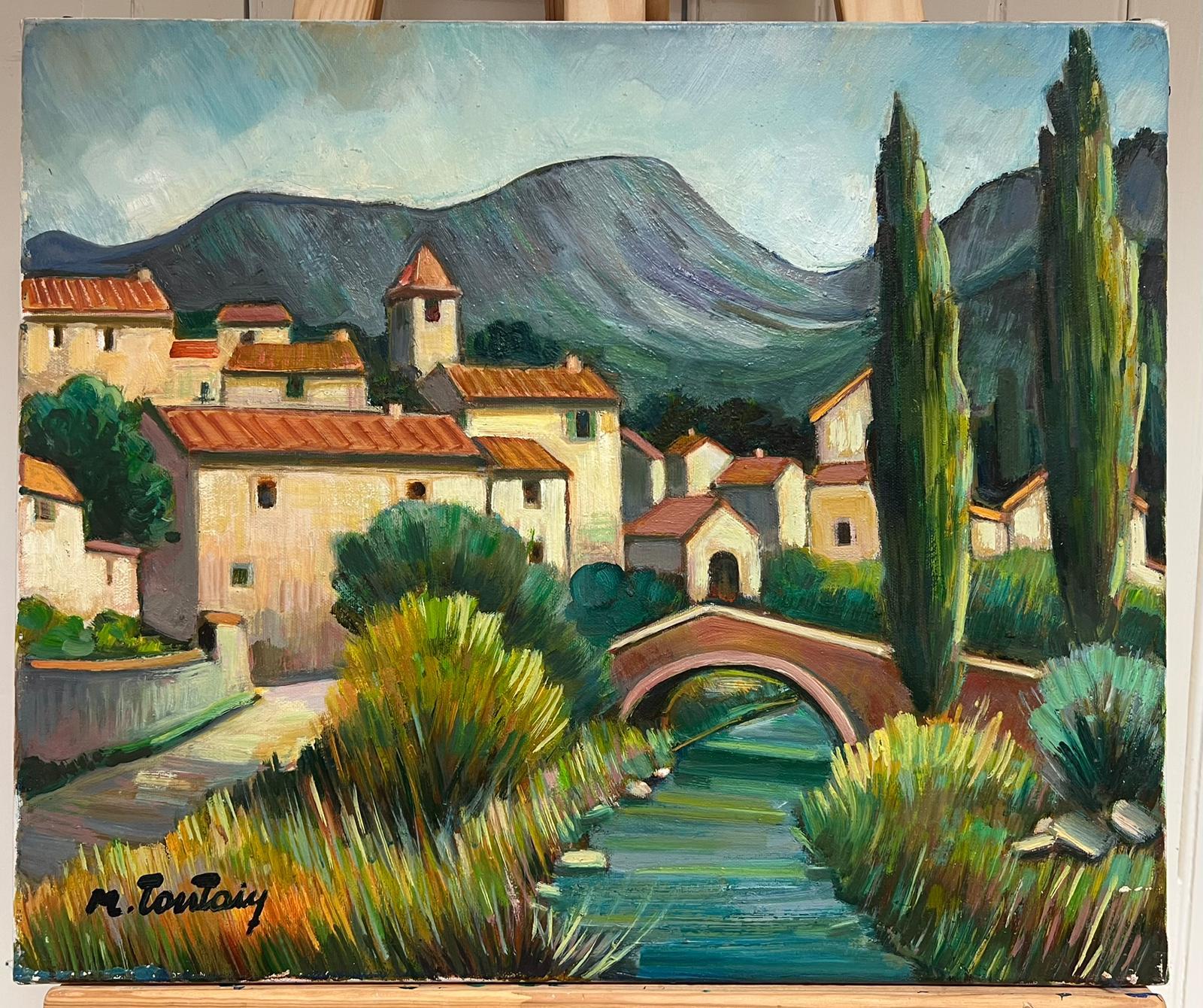 Pittura ad olio francese del XX secolo con paesaggio fluviale provenzale e alberi firmati - Painting di Max Toutain