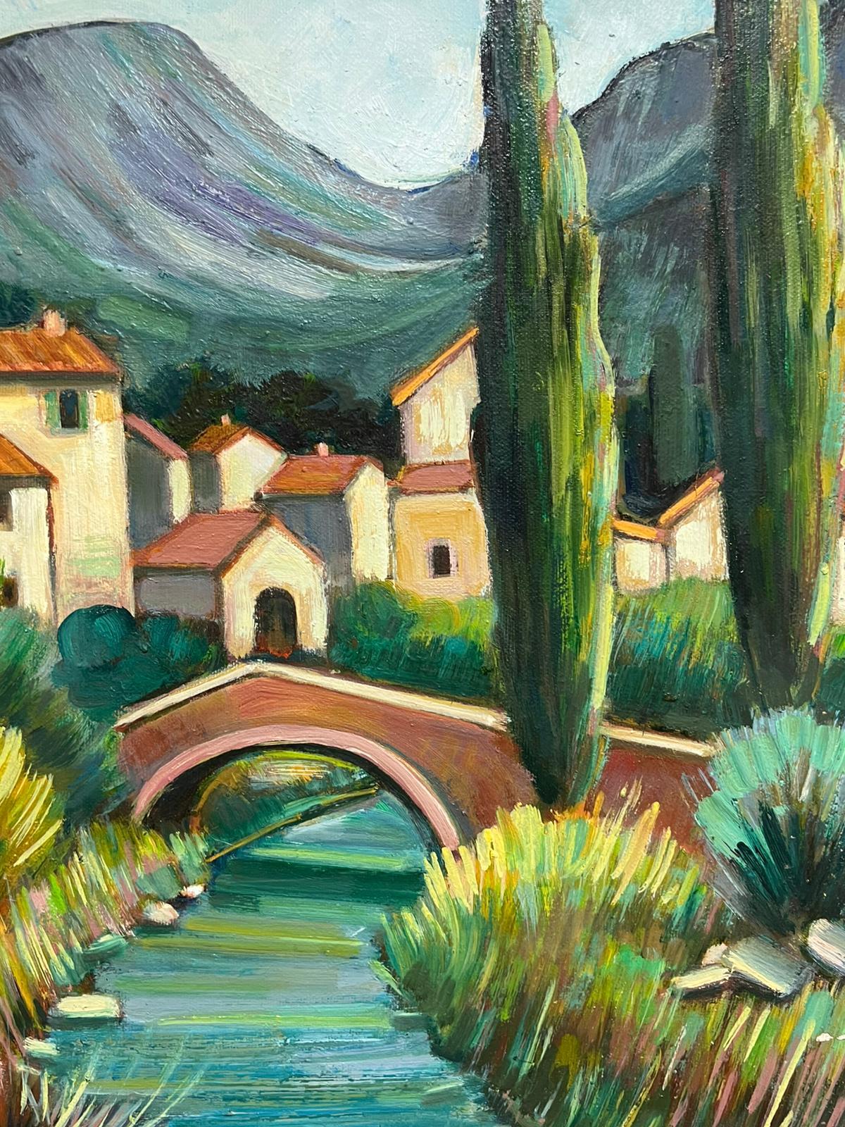Pittura ad olio francese del XX secolo con paesaggio fluviale provenzale e alberi firmati - Landscape Painting Grigio di Max Toutain