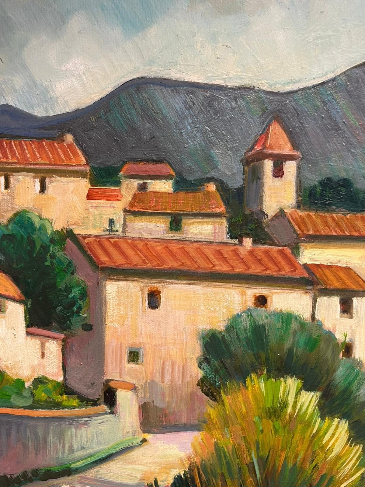 Pittura ad olio francese del XX secolo con paesaggio fluviale provenzale e alberi firmati in vendita 2