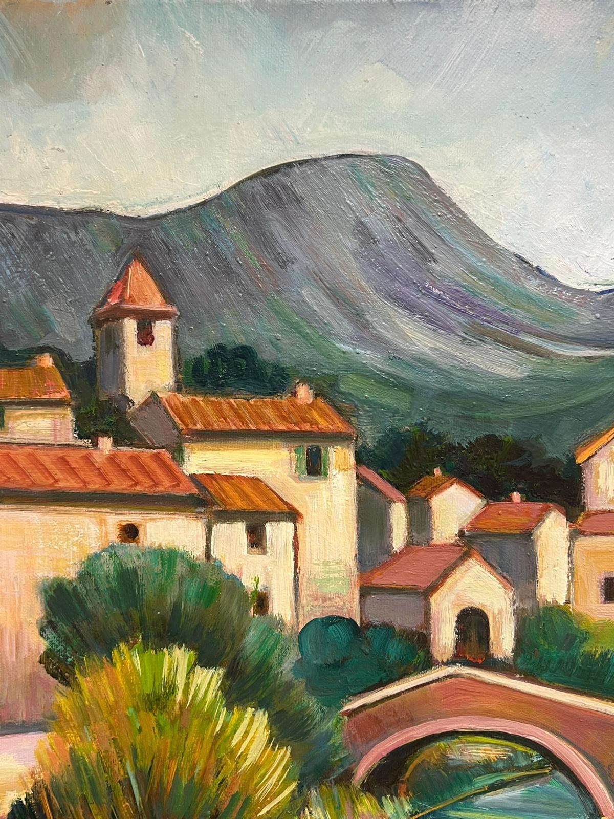 Pittura ad olio francese del XX secolo con paesaggio fluviale provenzale e alberi firmati in vendita 3