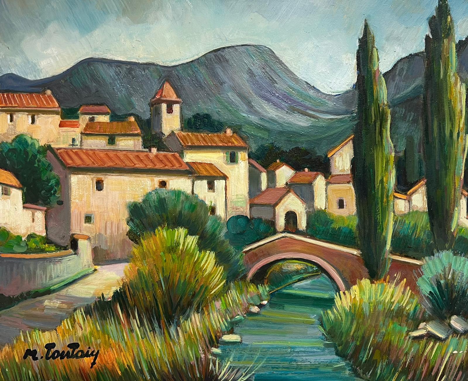 Landscape Painting di Max Toutain - Pittura ad olio francese del XX secolo con paesaggio fluviale provenzale e alberi firmati