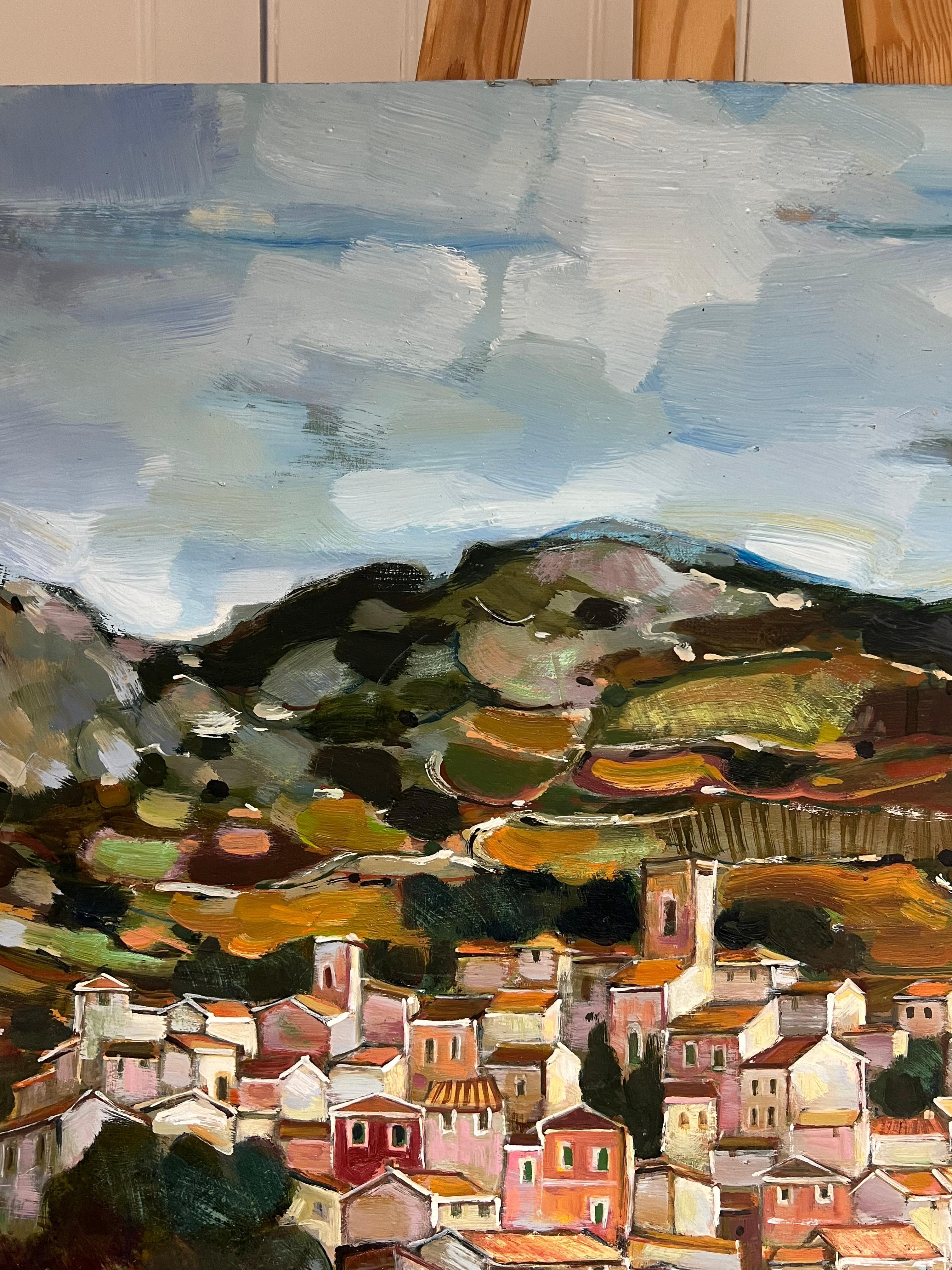 A Hilltop Village Amid Rolling Hills and Rocky Terraces Cloudy Sky Landscape For Sale 5