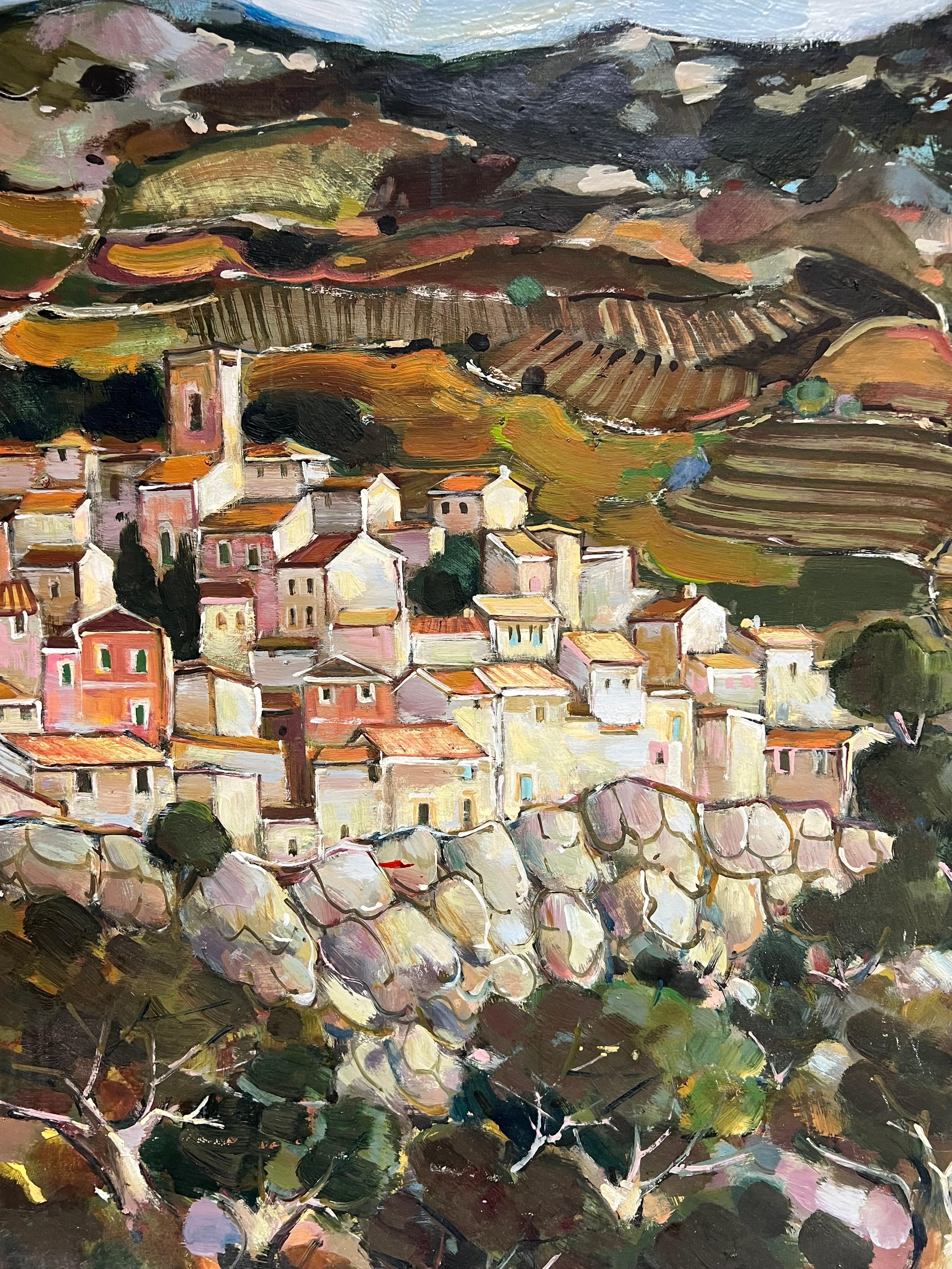 A Hilltop Village Amid Rolling Hills and Rocky Terraces Cloudy Sky Landscape - Black Landscape Painting by Max Toutain