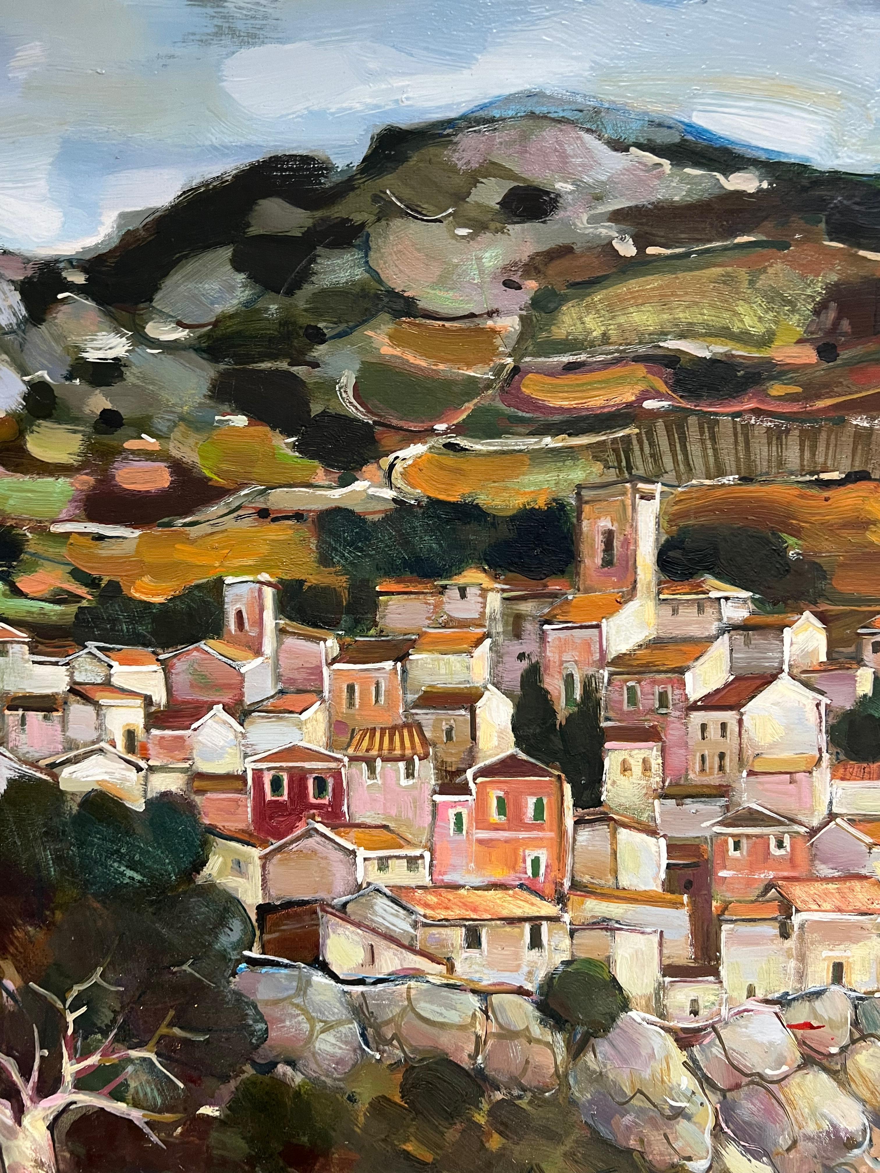Rustic Village Landscape
by Max Toutain (1935-2006)
oil painting on board, unframed
board : 29 x 37 inches
Provenance: all the paintings we have by this artist have come from the artists estate in the South of France. 
Condition: very good