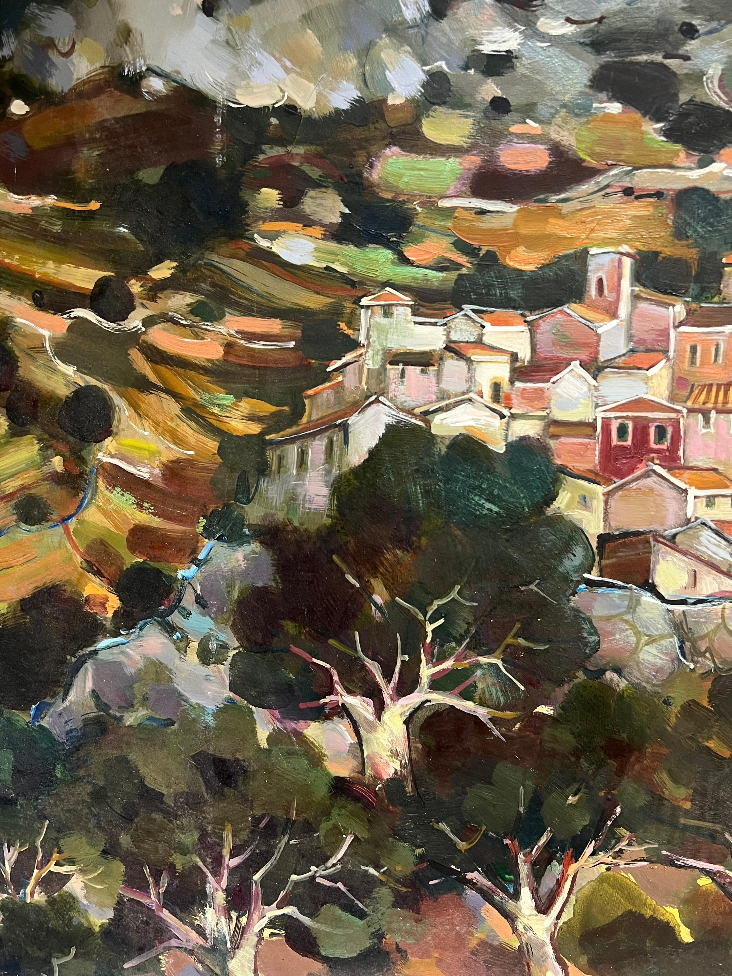 A Hilltop Village Amid Rolling Hills and Rocky Terraces Cloudy Sky Landscape For Sale 2