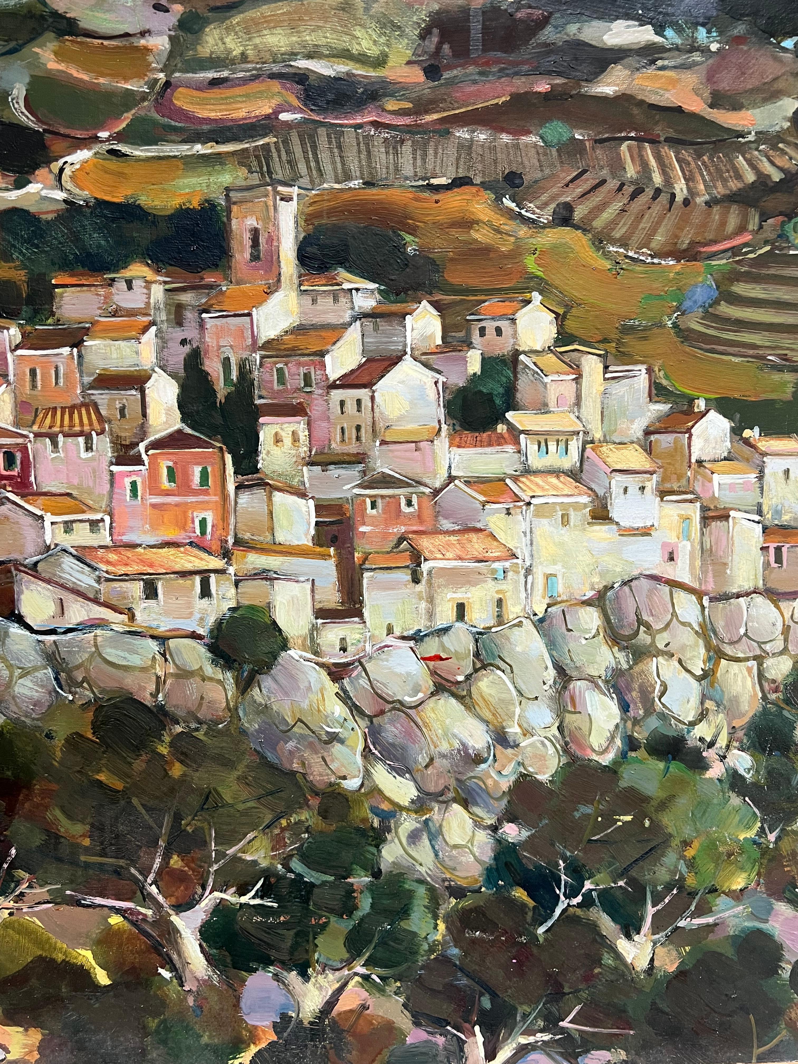 A Hilltop Village Amid Rolling Hills and Rocky Terraces Cloudy Sky Landscape For Sale 3