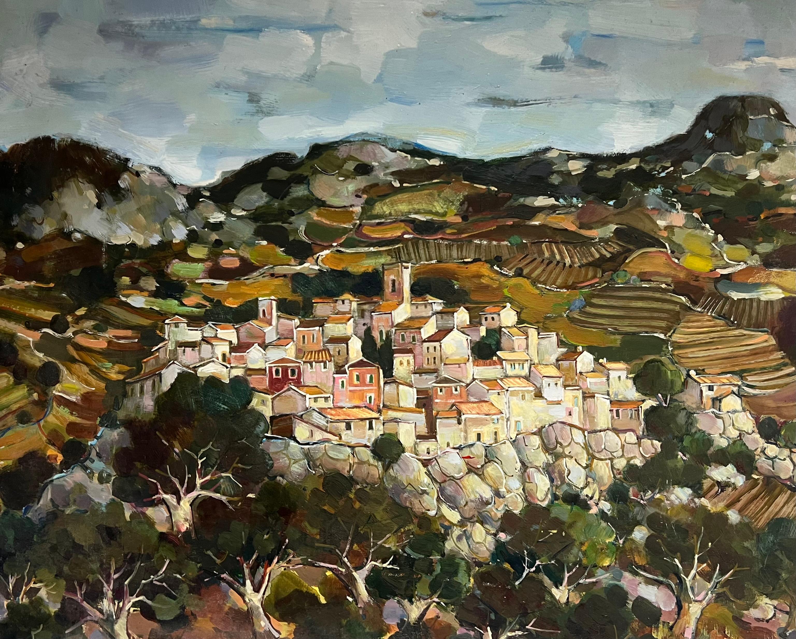 Max Toutain Landscape Painting - A Hilltop Village Amid Rolling Hills and Rocky Terraces Cloudy Sky Landscape