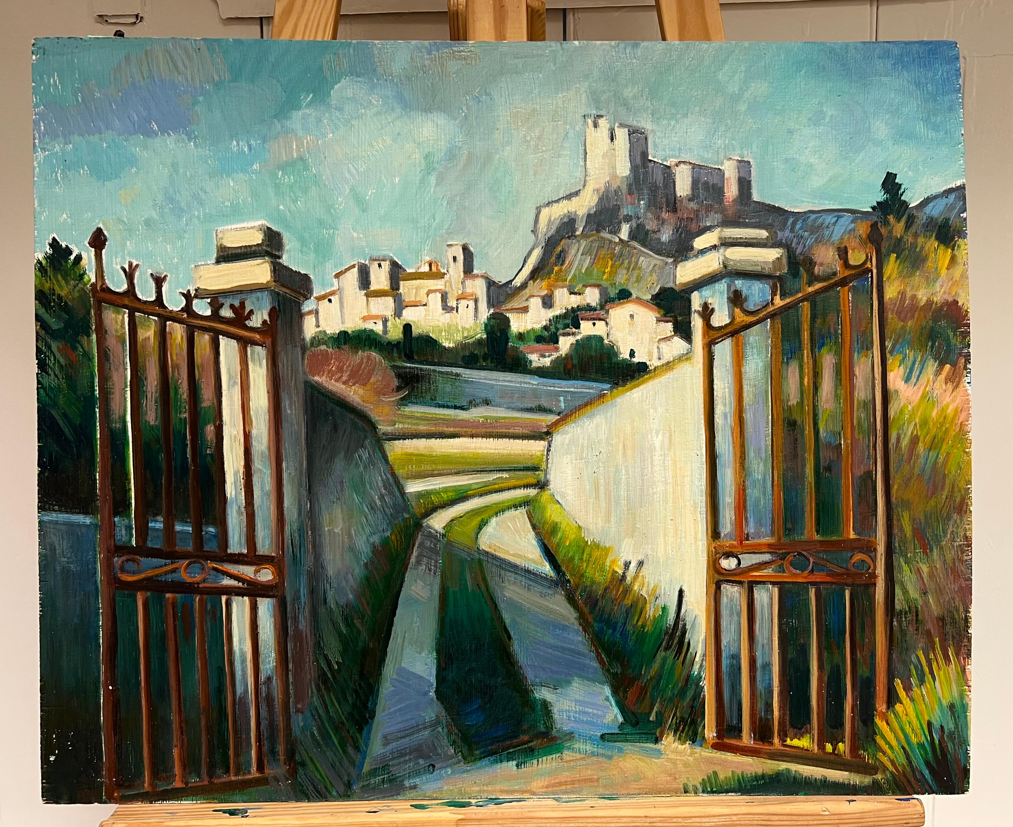 A Path Leading to a Hilltop Fortress, Französisches Ölgemälde – Painting von Max Toutain