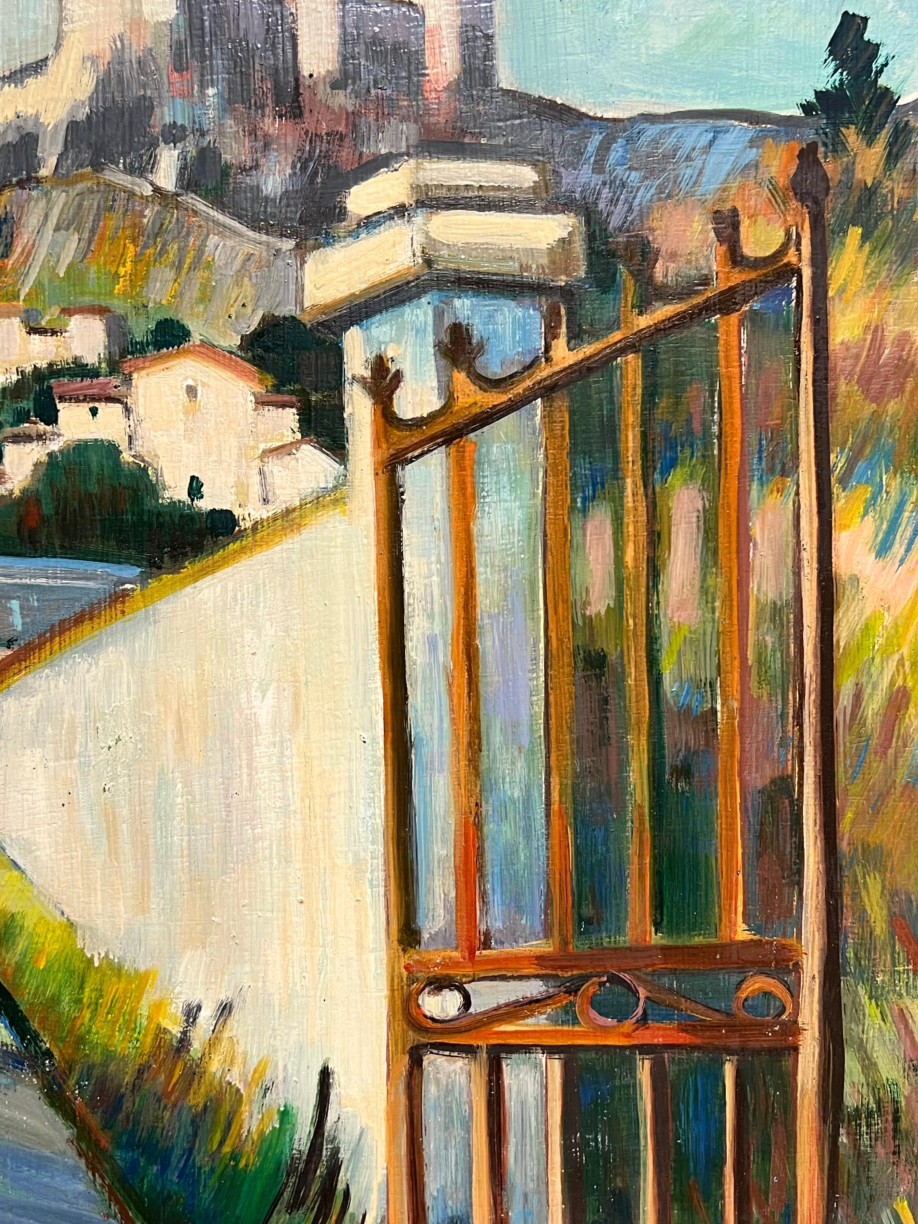 A Path Leading to a Hilltop Fortress, Französisches Ölgemälde (Schwarz), Landscape Painting, von Max Toutain