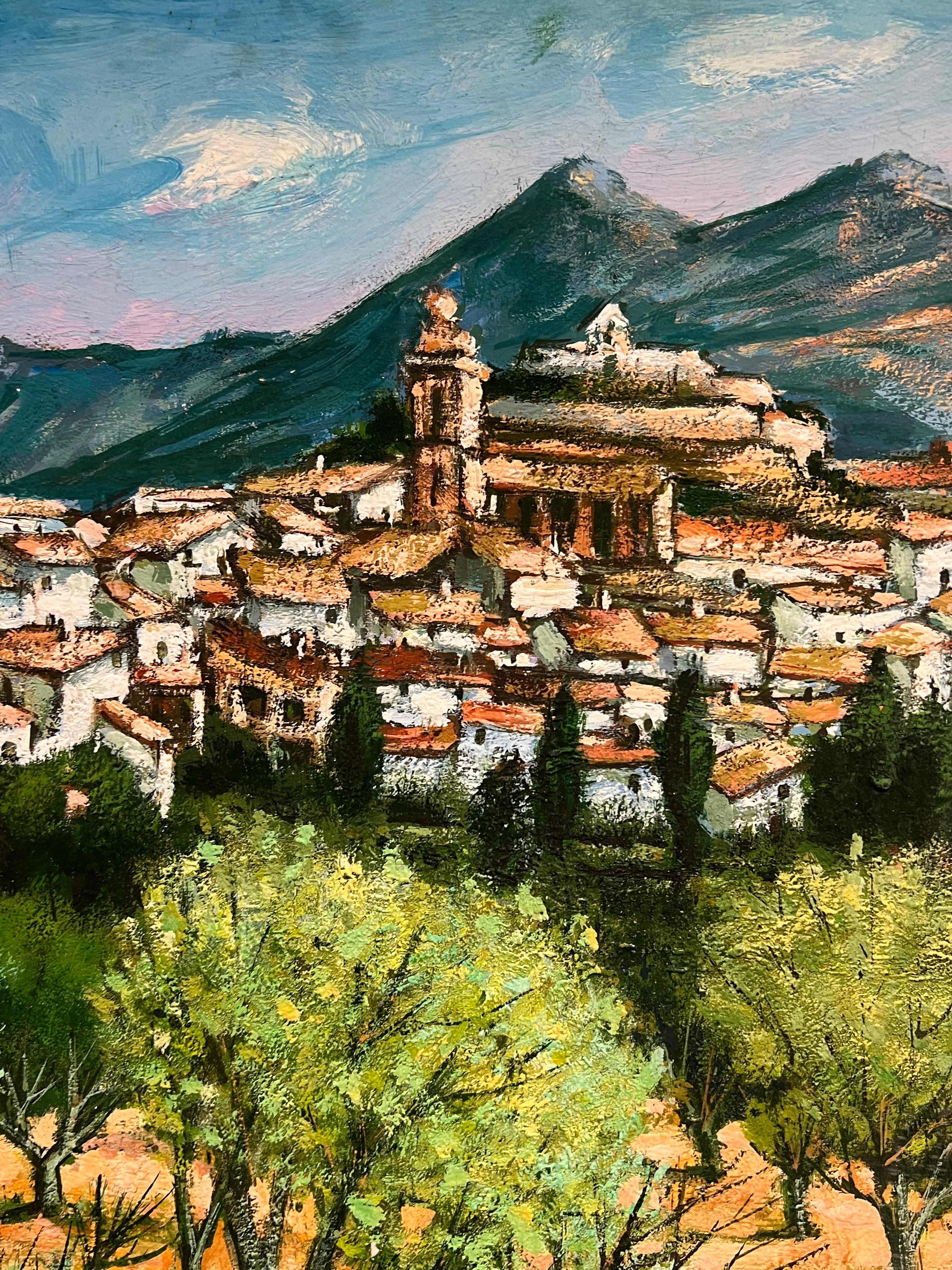 A Picturesque Village Nestled Among Olive Groves and Mountains French Painting For Sale 1