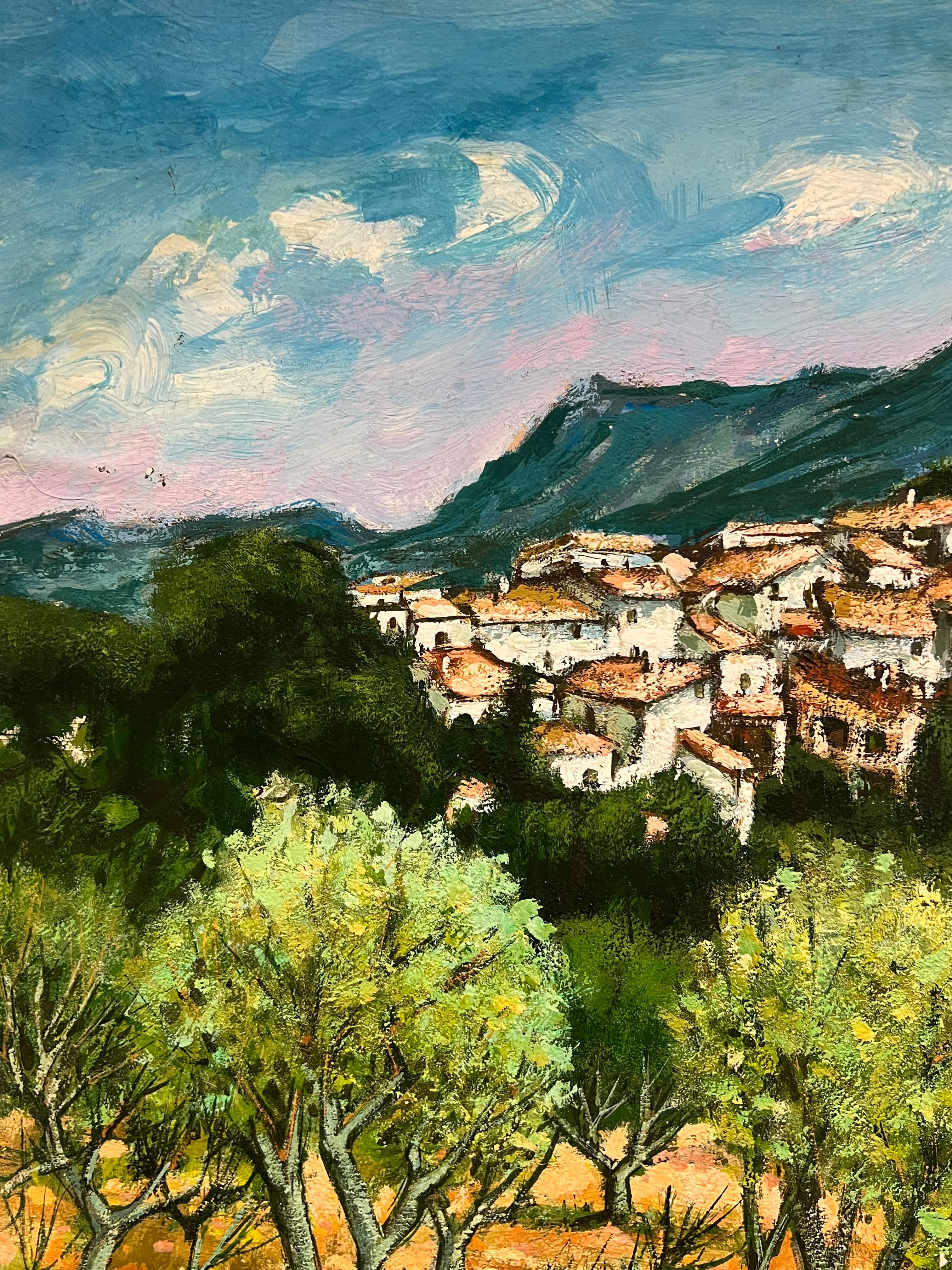 A Picturesque Village Nestled Among Olive Groves and Mountains French Painting For Sale 2