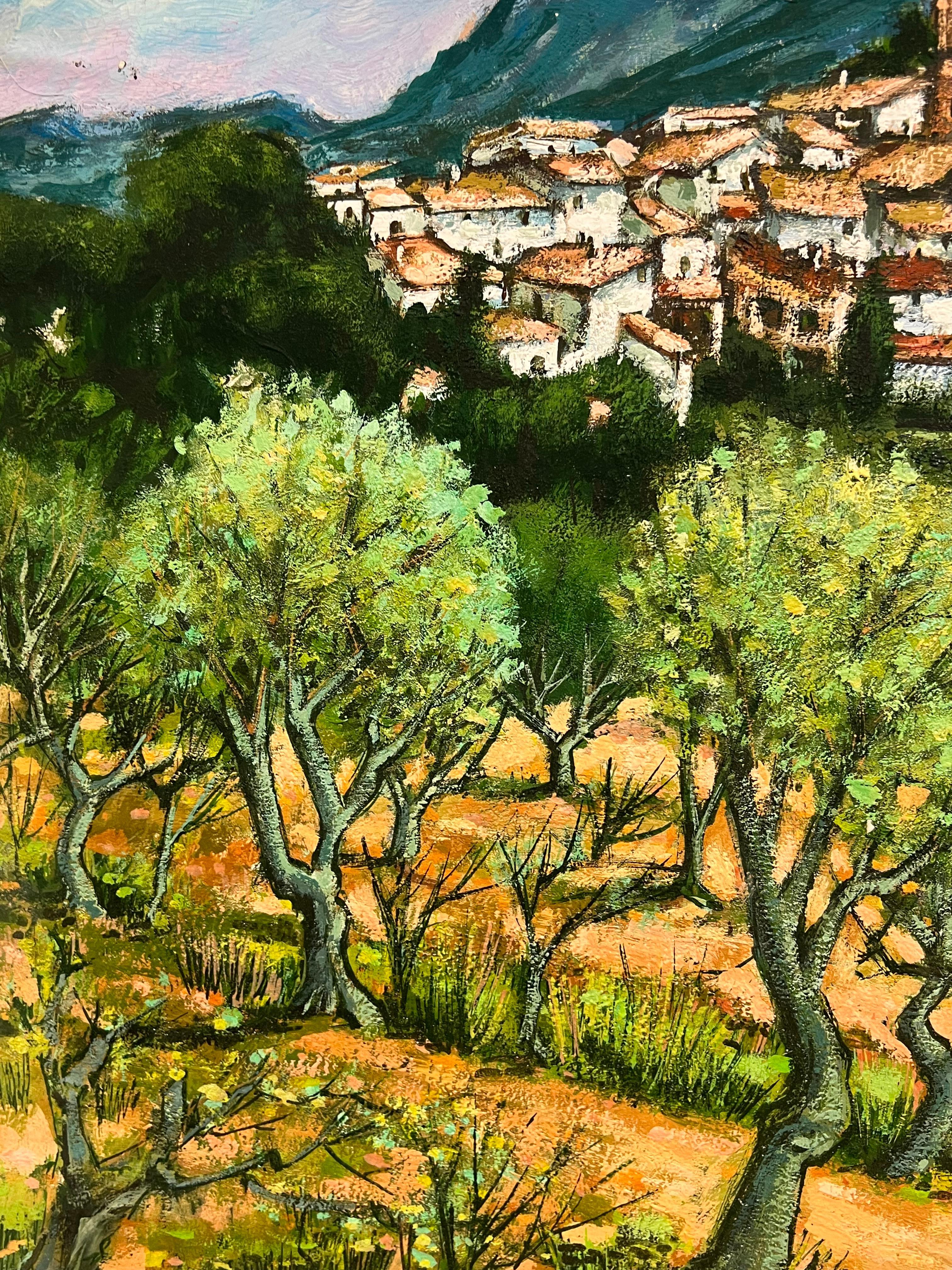 A Picturesque Village Nestled Among Olive Groves and Mountains French Painting For Sale 3