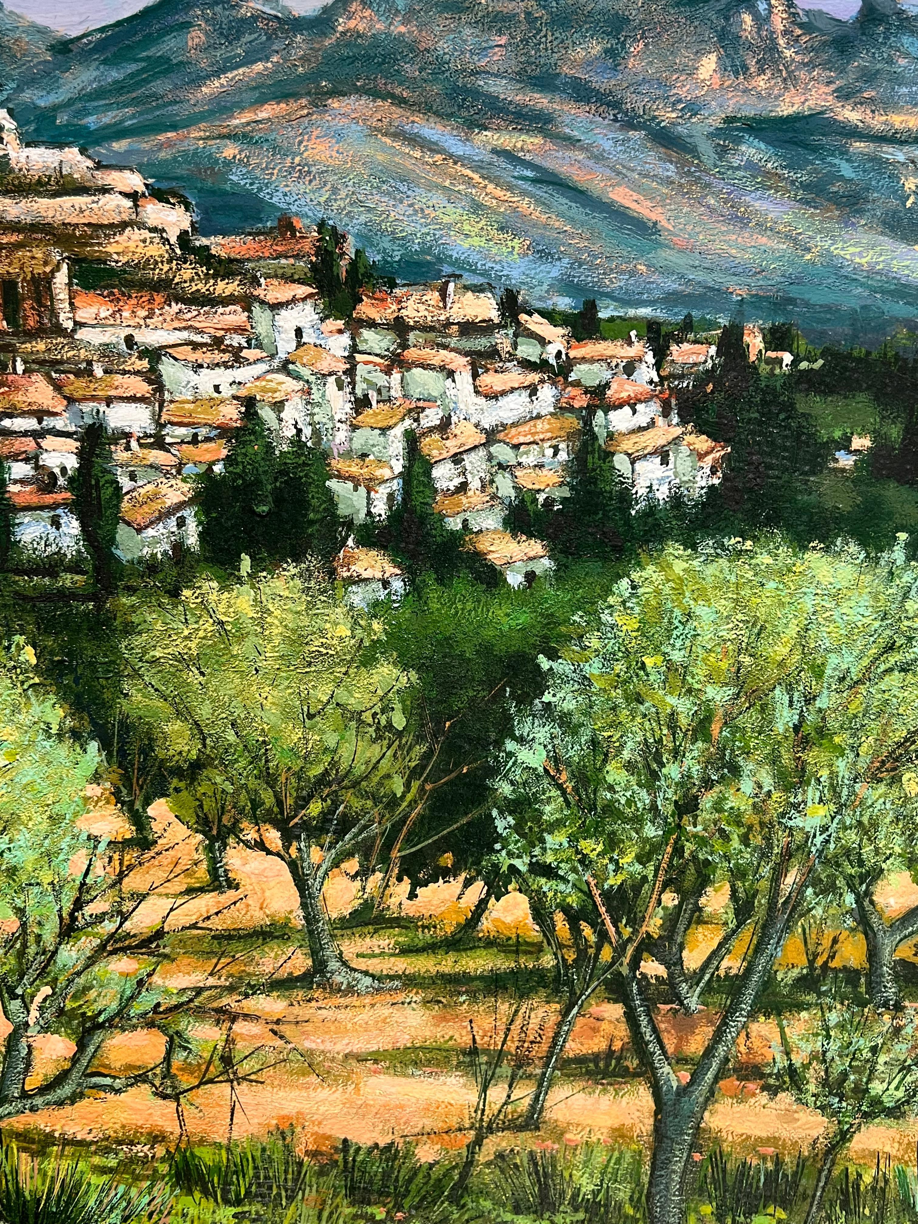 A Picturesque Village Nestled Among Olive Groves and Mountains French Painting For Sale 5