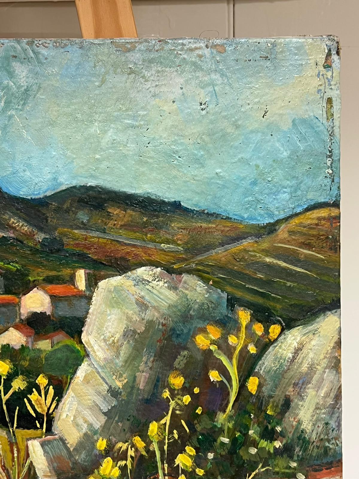 Un village rustique sous une ancienne The Fortress au sommet d'une colline Peinture à l'huile française en vente 3