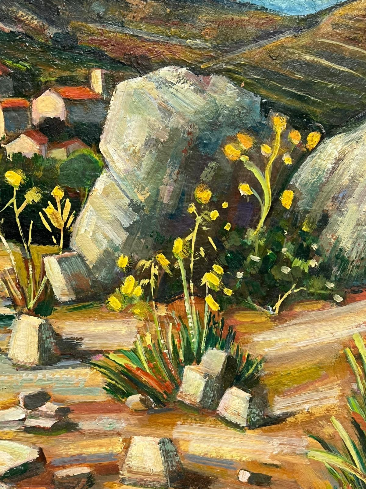 Un village rustique sous une ancienne The Fortress au sommet d'une colline Peinture à l'huile française en vente 4