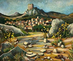 A Rustic Village Beneath an Ancient Hilltop Fortress French Oil Painting