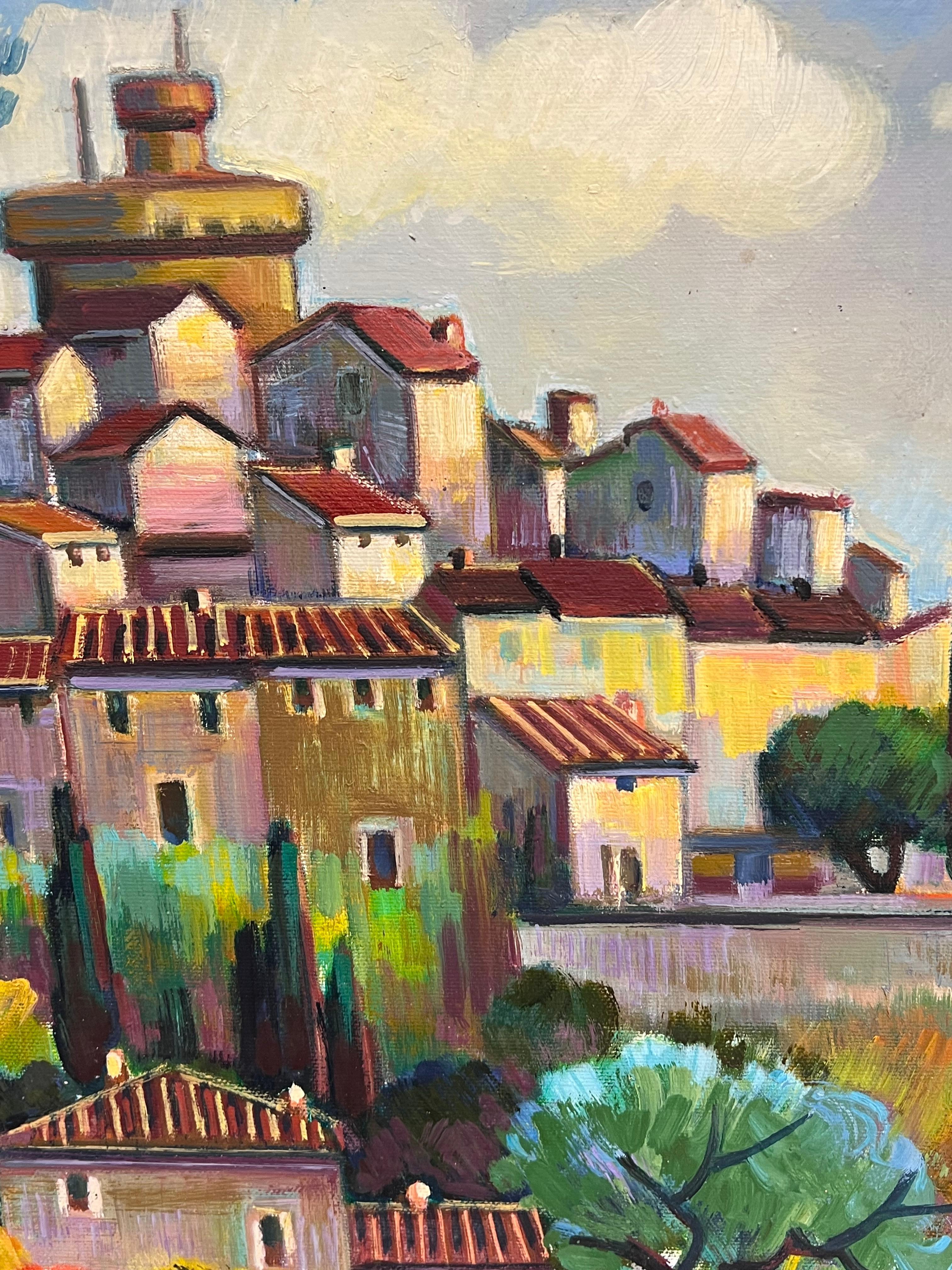 Peinture post-impressionniste d'un village français superposé en été - Painting de Max Toutain