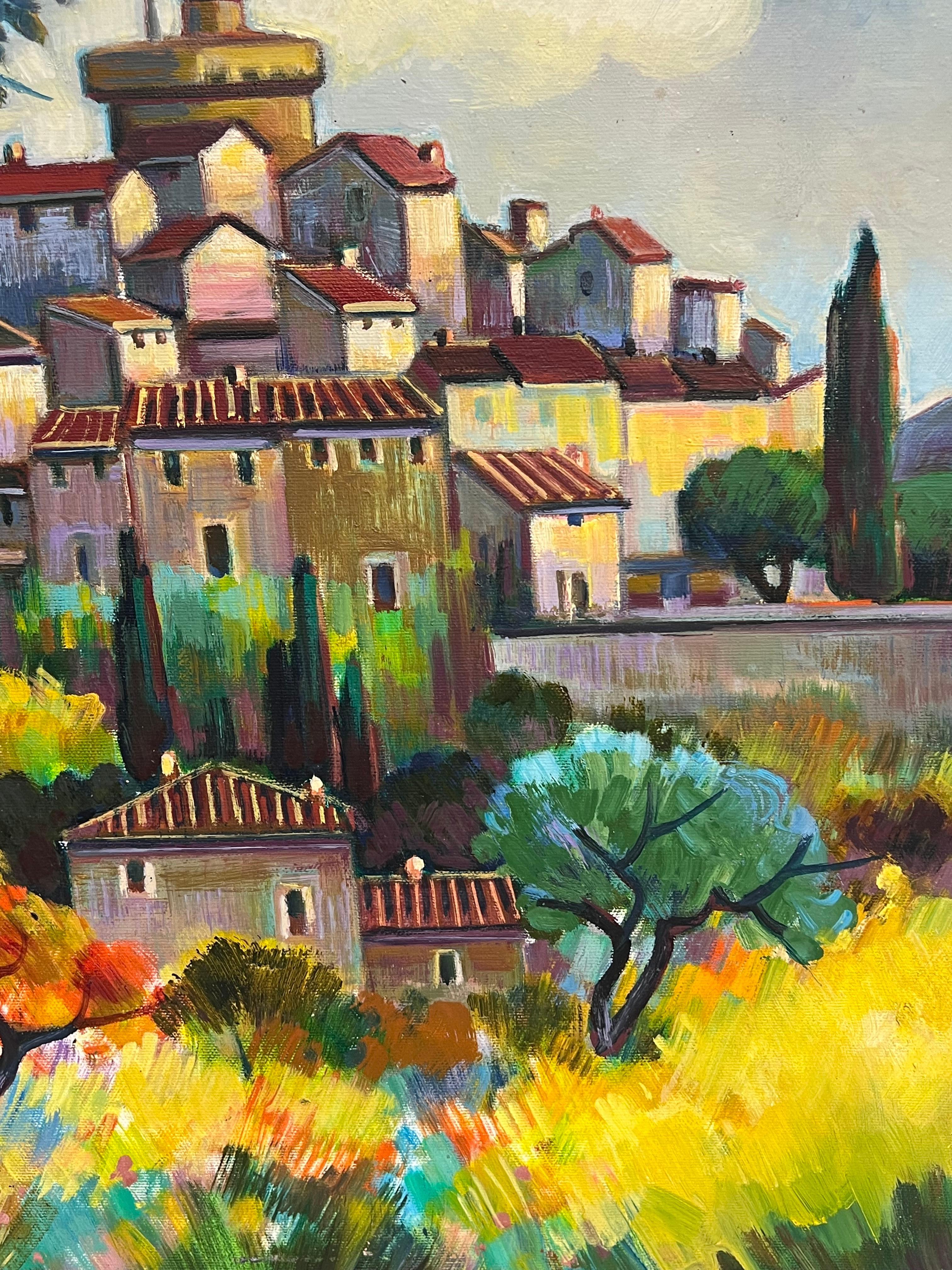 Peinture post-impressionniste d'un village français superposé en été - Post-impressionnisme Painting par Max Toutain