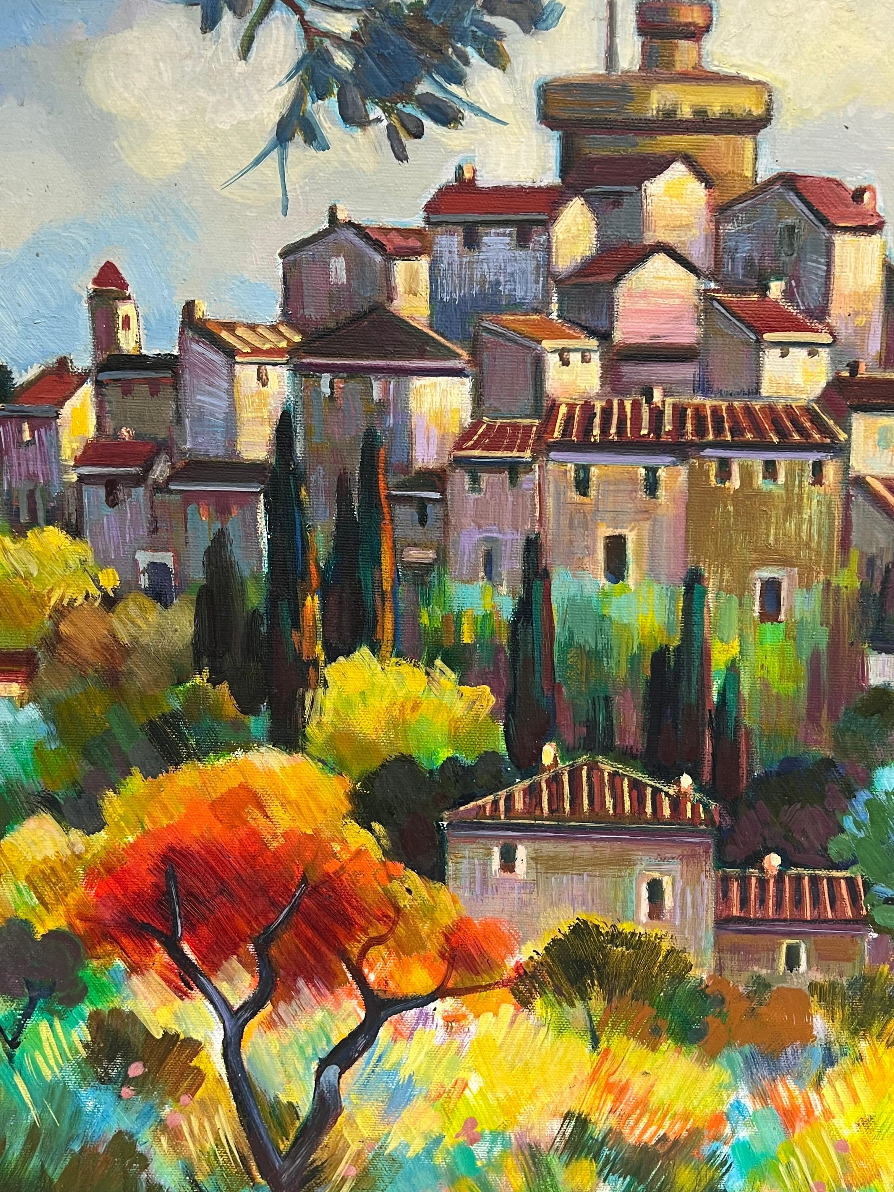 Peinture post-impressionniste d'un village français superposé en été - Marron Landscape Painting par Max Toutain