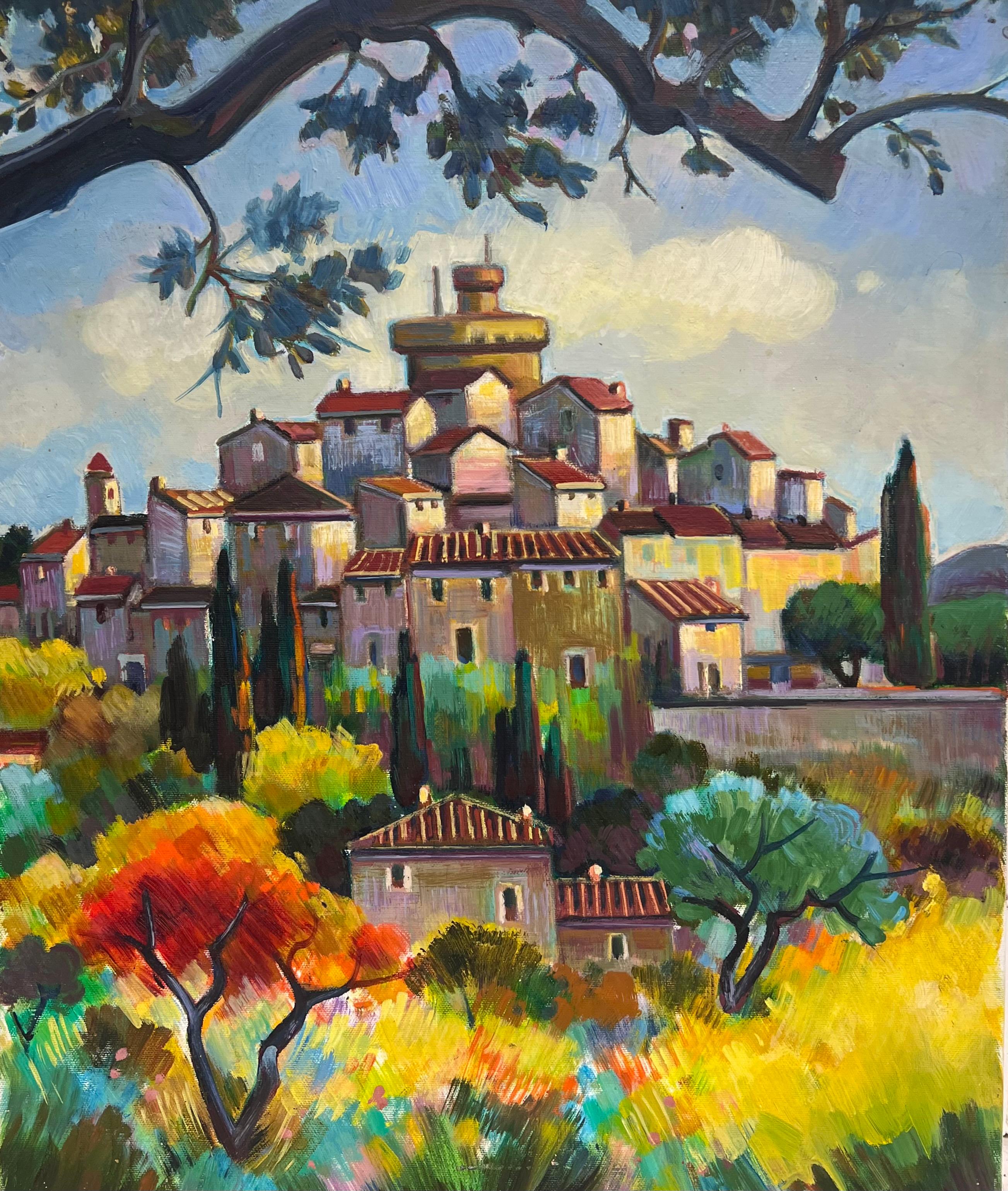 Landscape Painting Max Toutain - Peinture post-impressionniste d'un village français superposé en été