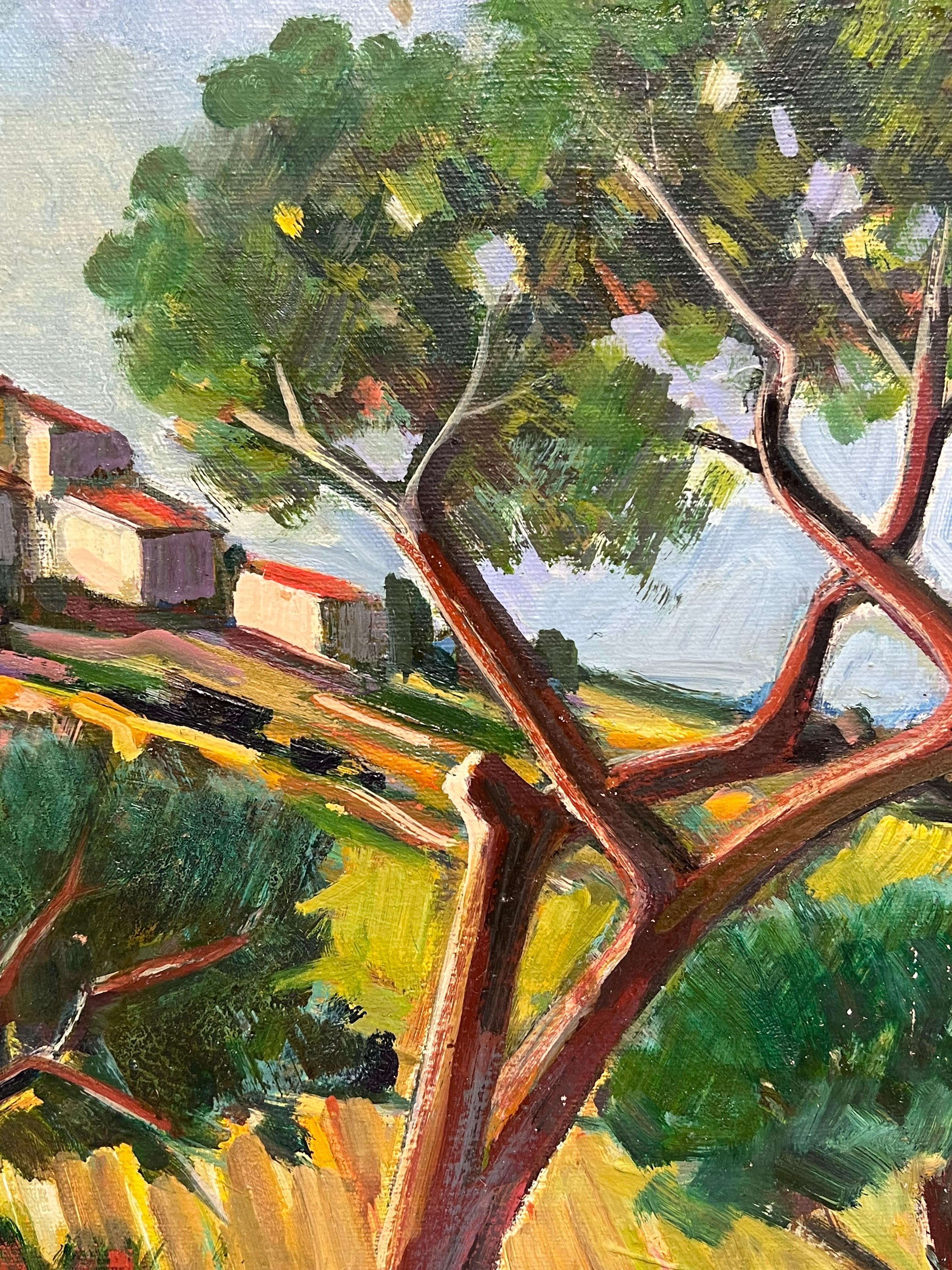 Incantevole villaggio in cima alla collina con cipressi e prato di fiori selvatici Paesaggio ad olio - Painting Postimpressionismo di Max Toutain