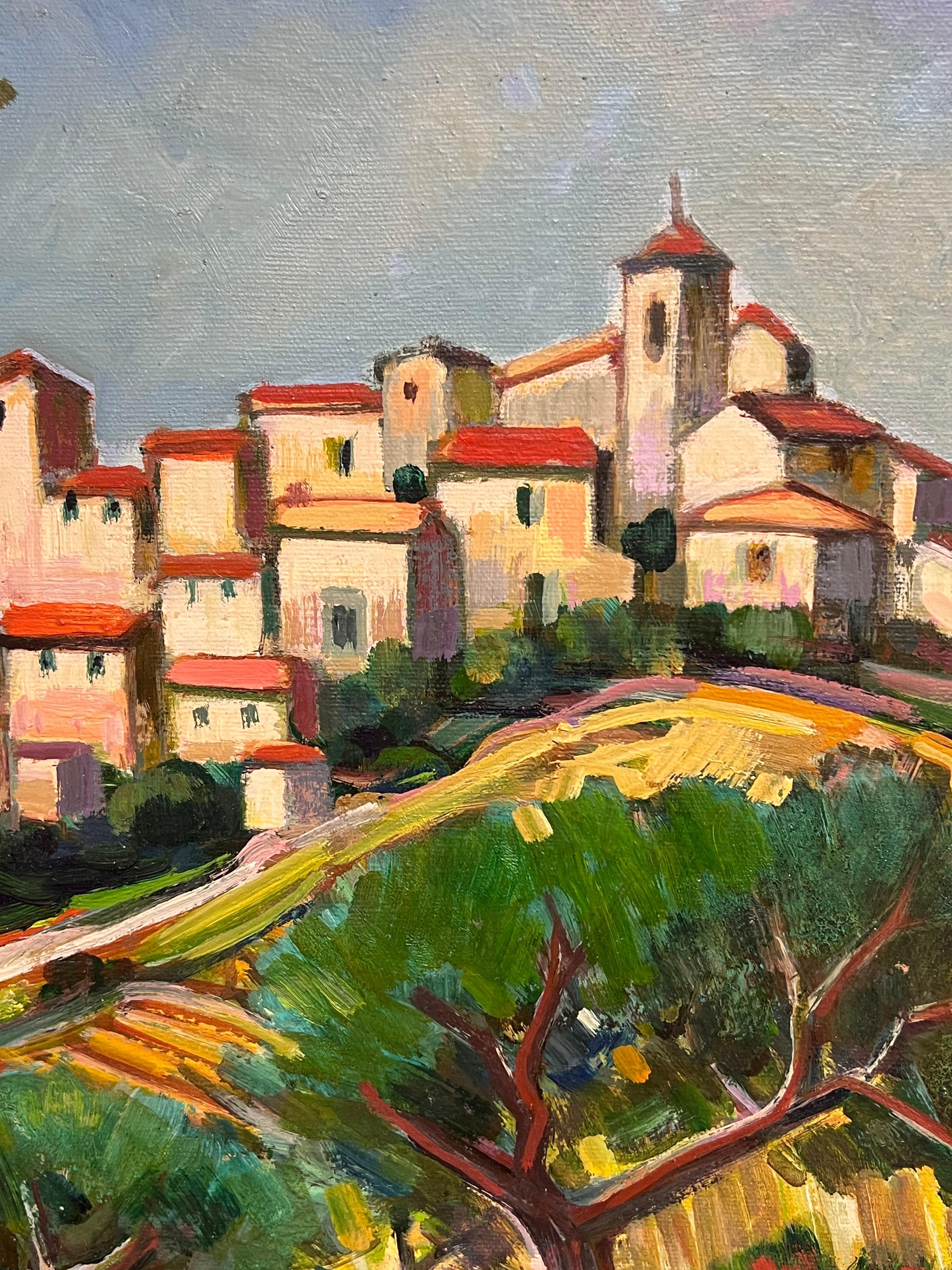 Incantevole villaggio in cima alla collina con cipressi e prato di fiori selvatici Paesaggio ad olio - Landscape Painting Nero di Max Toutain