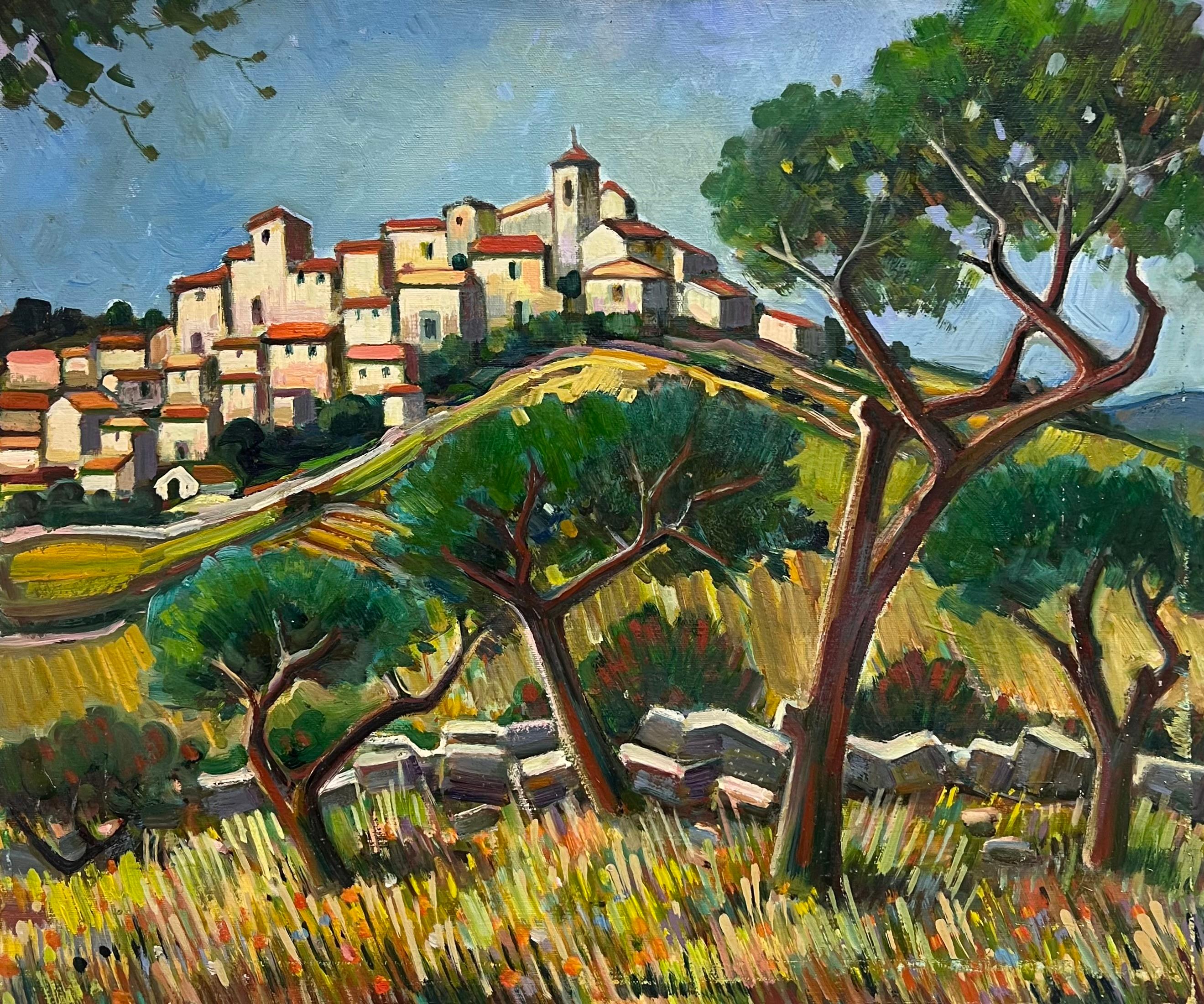 Landscape Painting di Max Toutain - Incantevole villaggio in cima alla collina con cipressi e prato di fiori selvatici Paesaggio ad olio