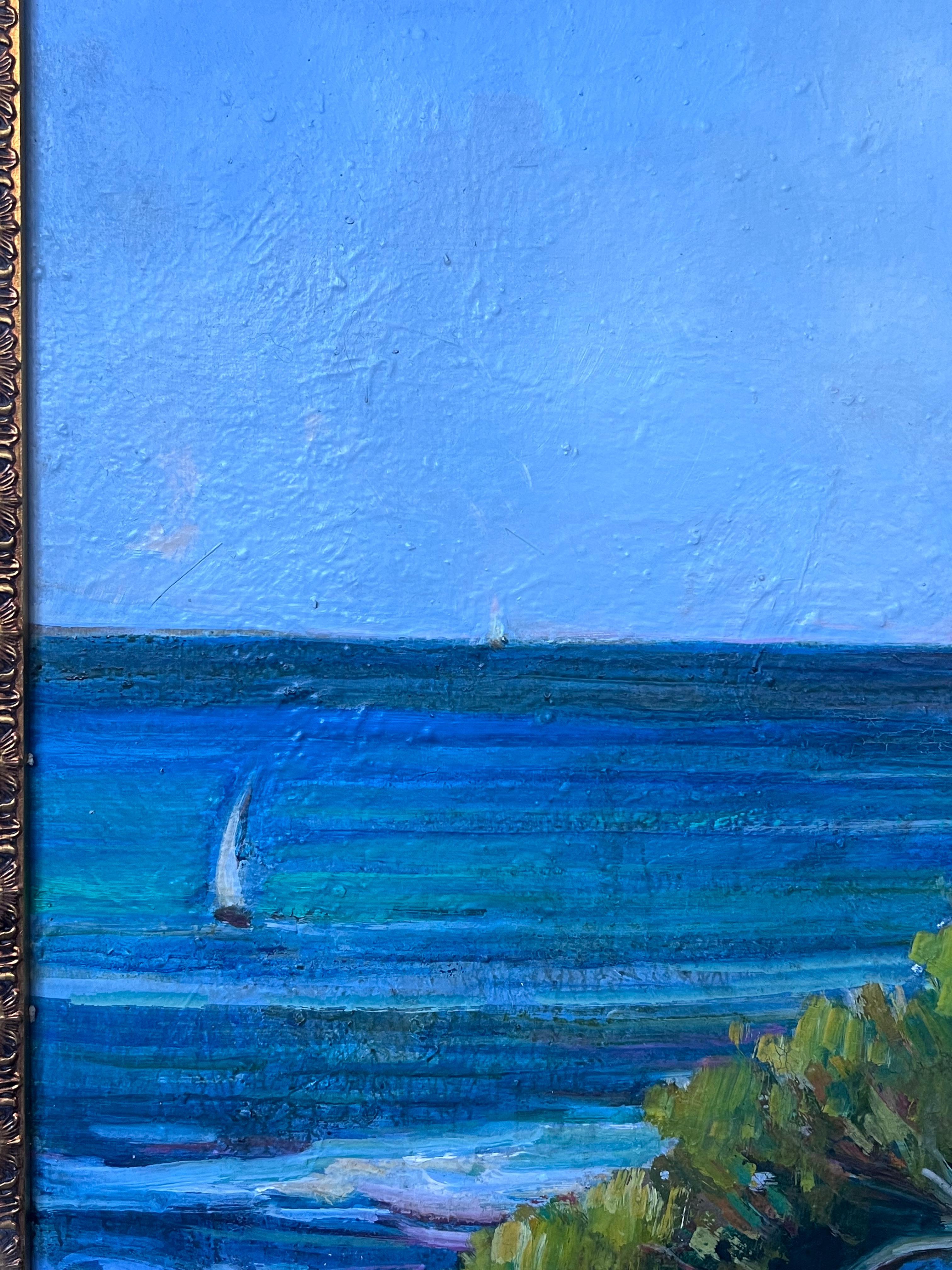 Côte d'Azur Blue Sea Coastal 20th Century French Post Impressionist Oil Painting For Sale 7