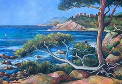 Côte d'Azur Blu Mare Costiero 20° secolo Pittura ad olio francese post impressionista