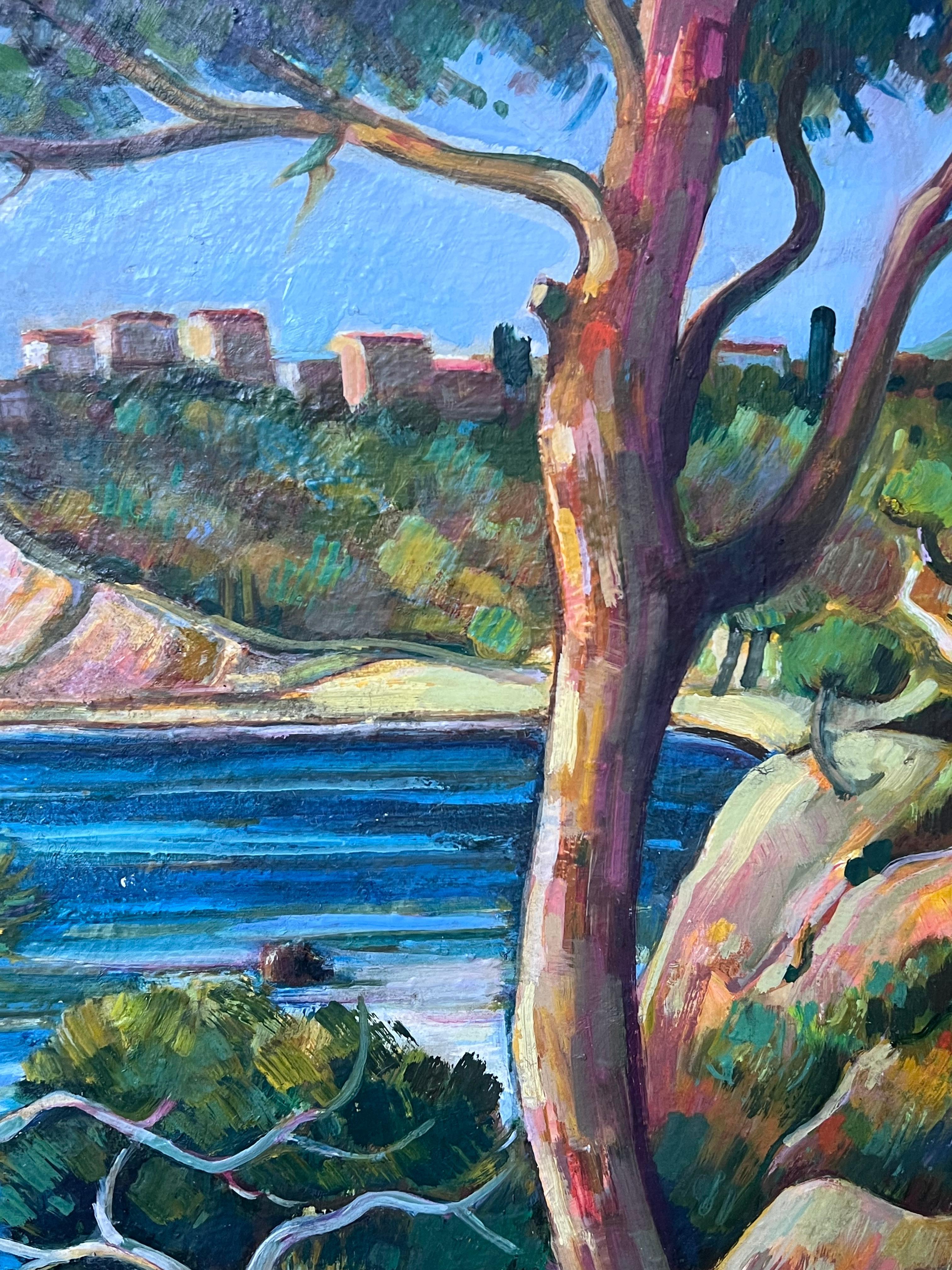 Côte d'Azur Blue Sea Coastal 20th Century French Post Impressionist Oil Painting For Sale 2