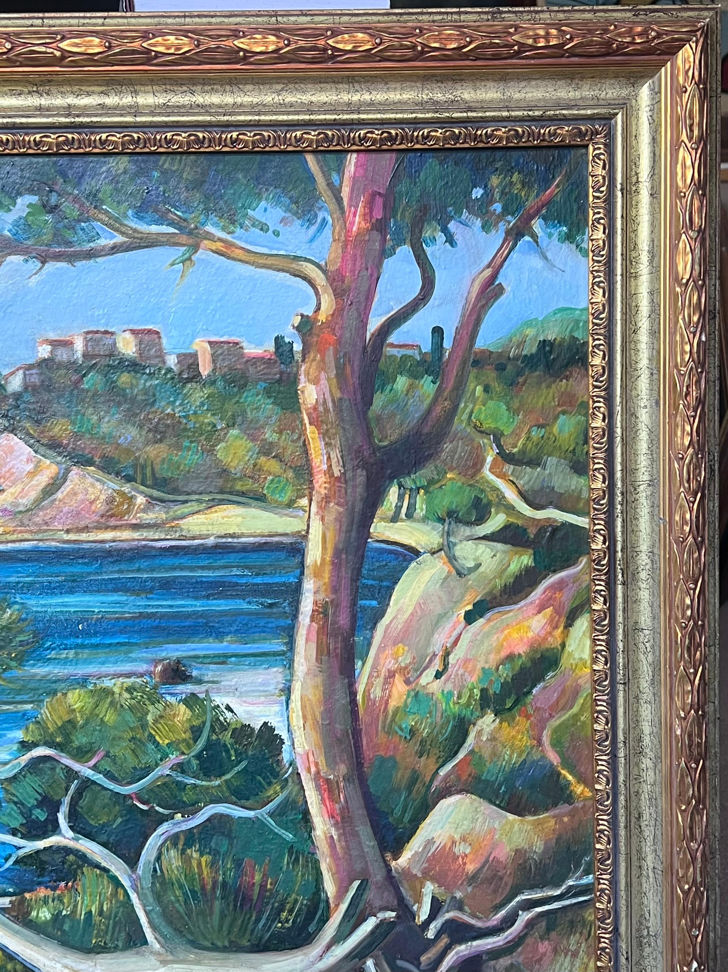 Côte d'Azur Blue Sea Coastal 20th Century French Post Impressionist Oil Painting For Sale 3