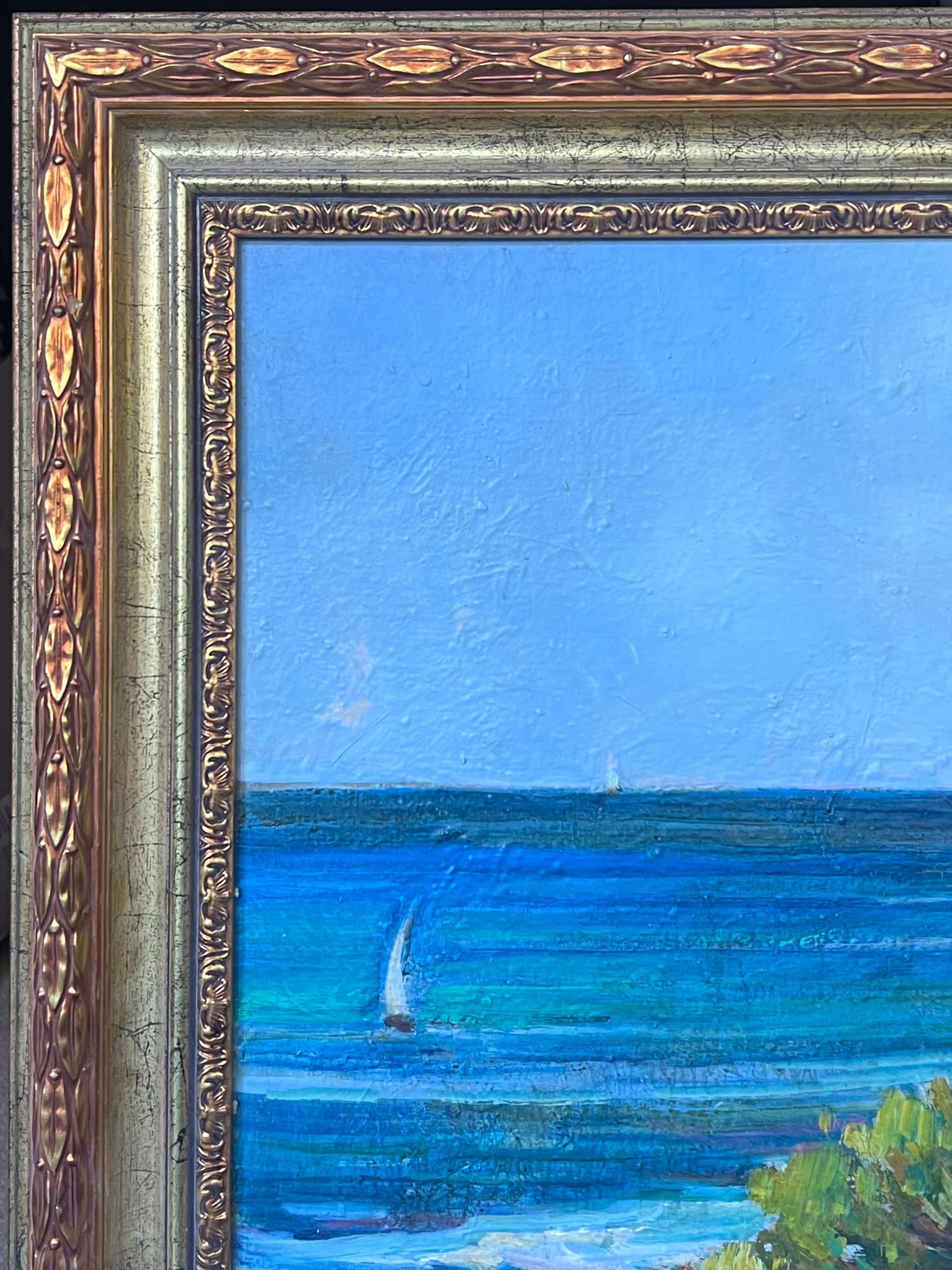 Côte d'Azur Blue Sea Coastal 20th Century French Post Impressionist Oil Painting For Sale 4