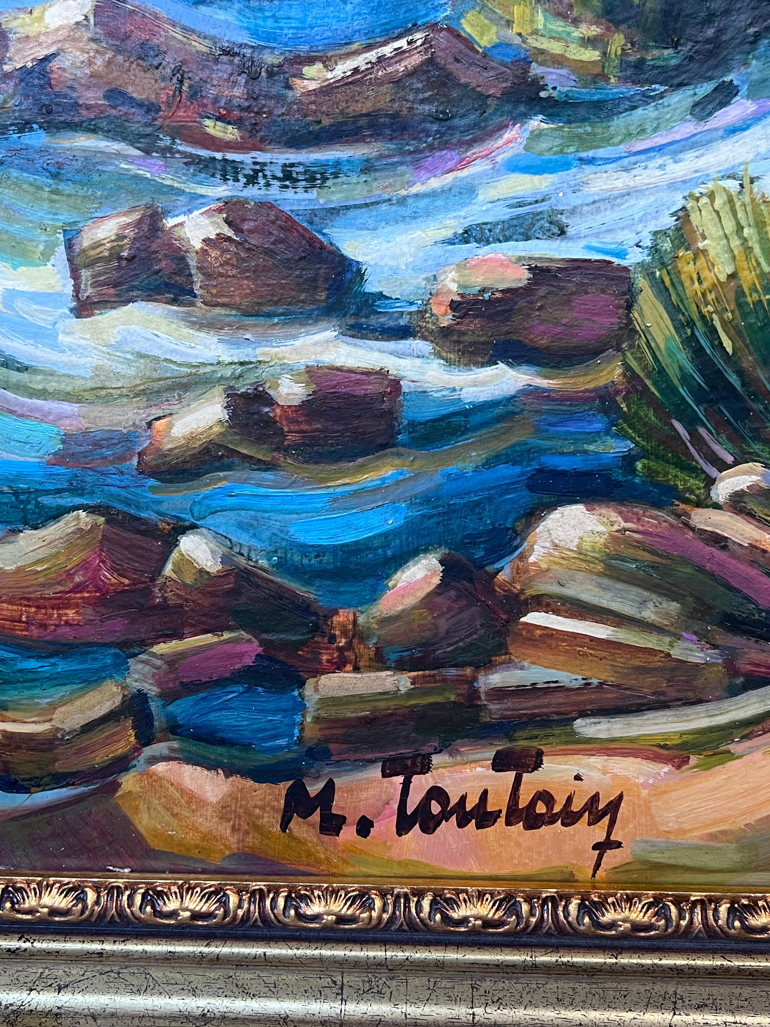 Côte d'Azur Blue Sea Coastal 20th Century French Post Impressionist Oil Painting For Sale 5
