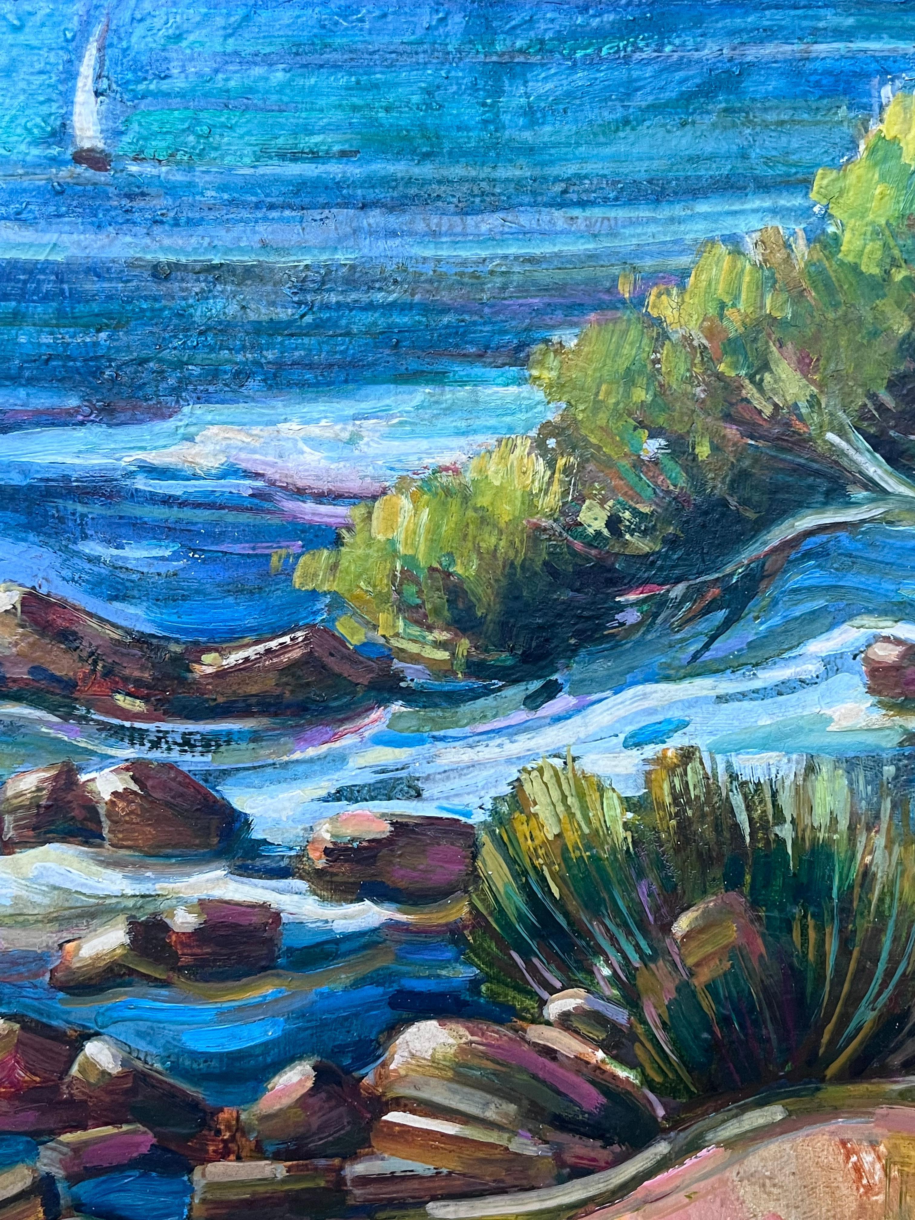 Côte d'Azur Blue Sea Coastal 20th Century French Post Impressionist Oil Painting For Sale 6
