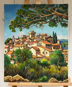 Cote d'Azur Mediterranes provenzalisches, provenzalisches Dorf Südfrankreich, 20. Jahrhundert, Ölgemälde