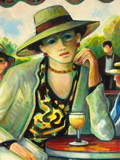 Französisches modernistisches Ölgemälde einer modischen Dame, die Cafe Bar trinkt, mit Figuren