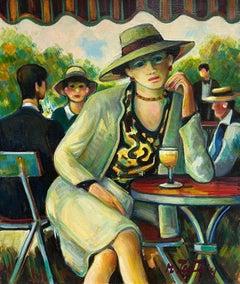 Französisches modernistisches Ölgemälde einer modischen Dame, die Cafe Bar trinkt, mit Figuren